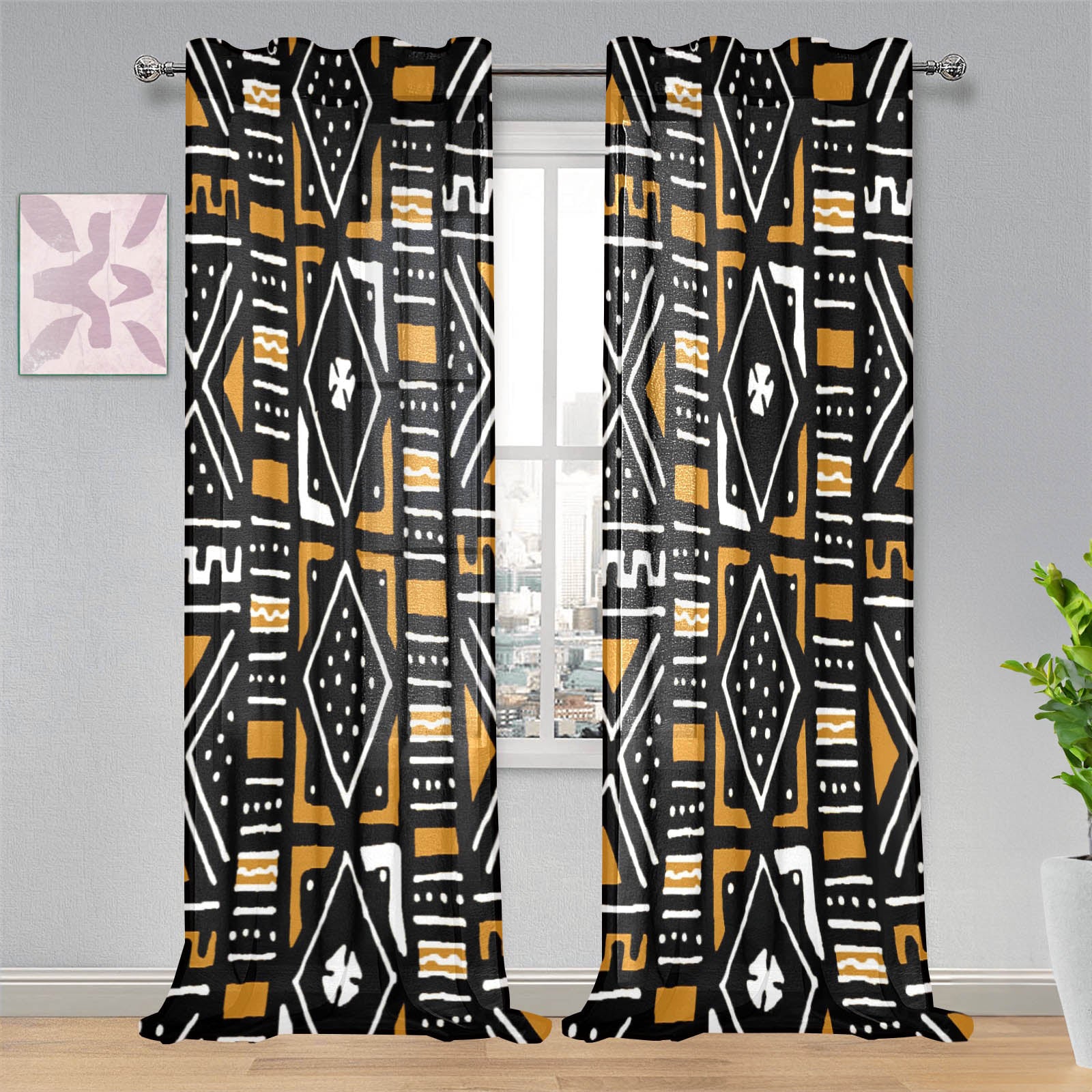 Black African Print Gauze Curtain Mudcloth (Two Piece)