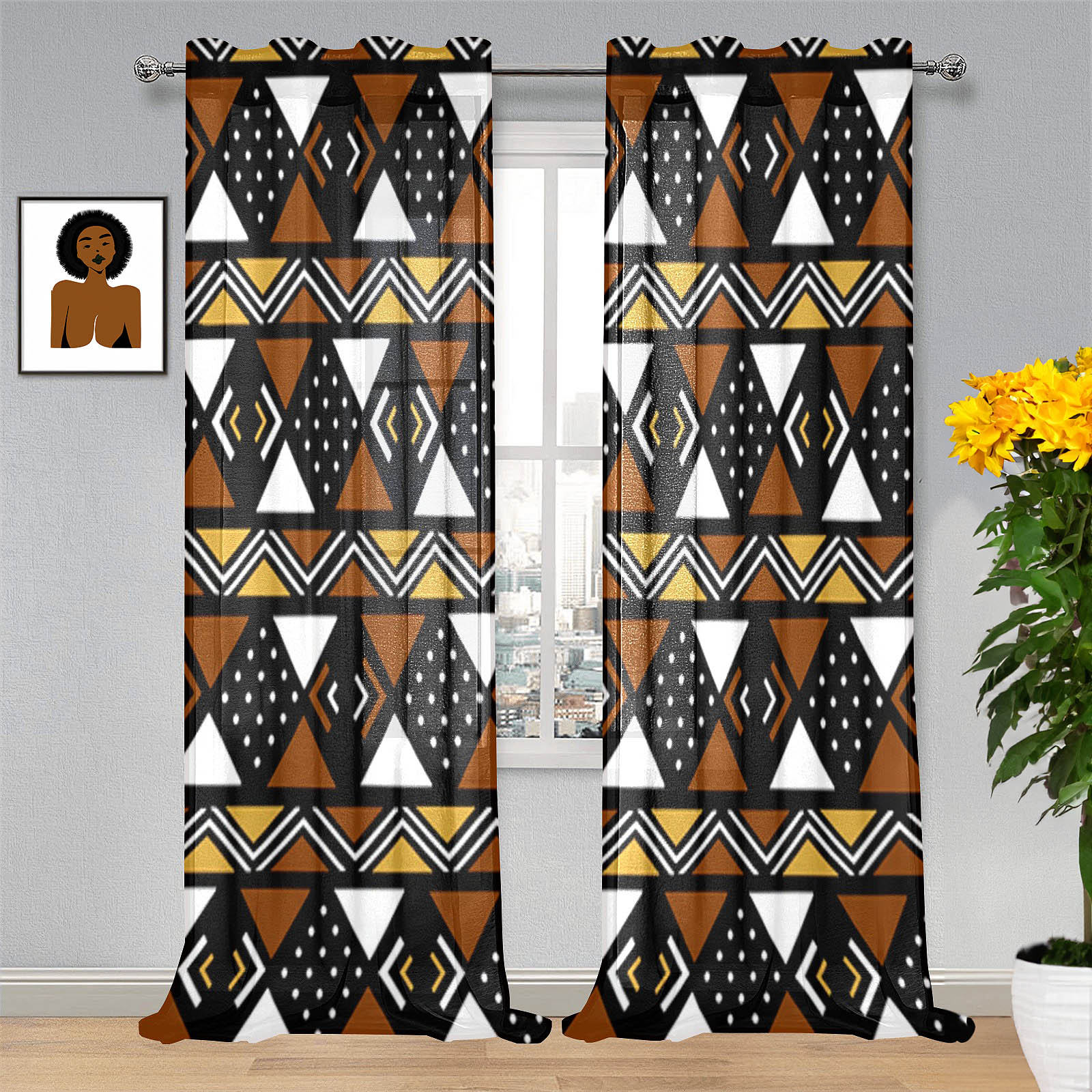 Stripe African Print Guaze Curtain Mudcloth (Two Piece)- Bynelo