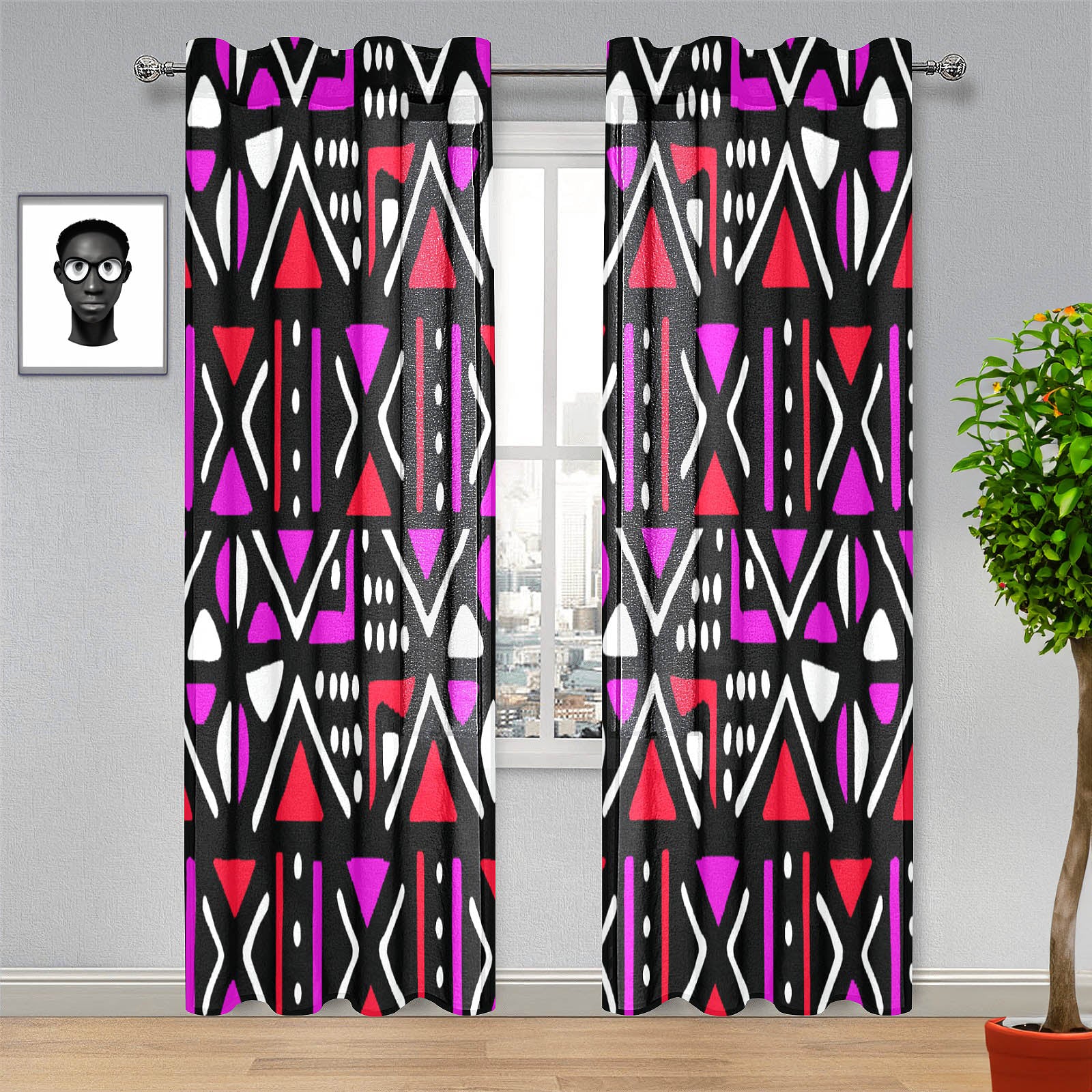 Pink African Print Guaze Curtain Mudcloth (Two Piece)