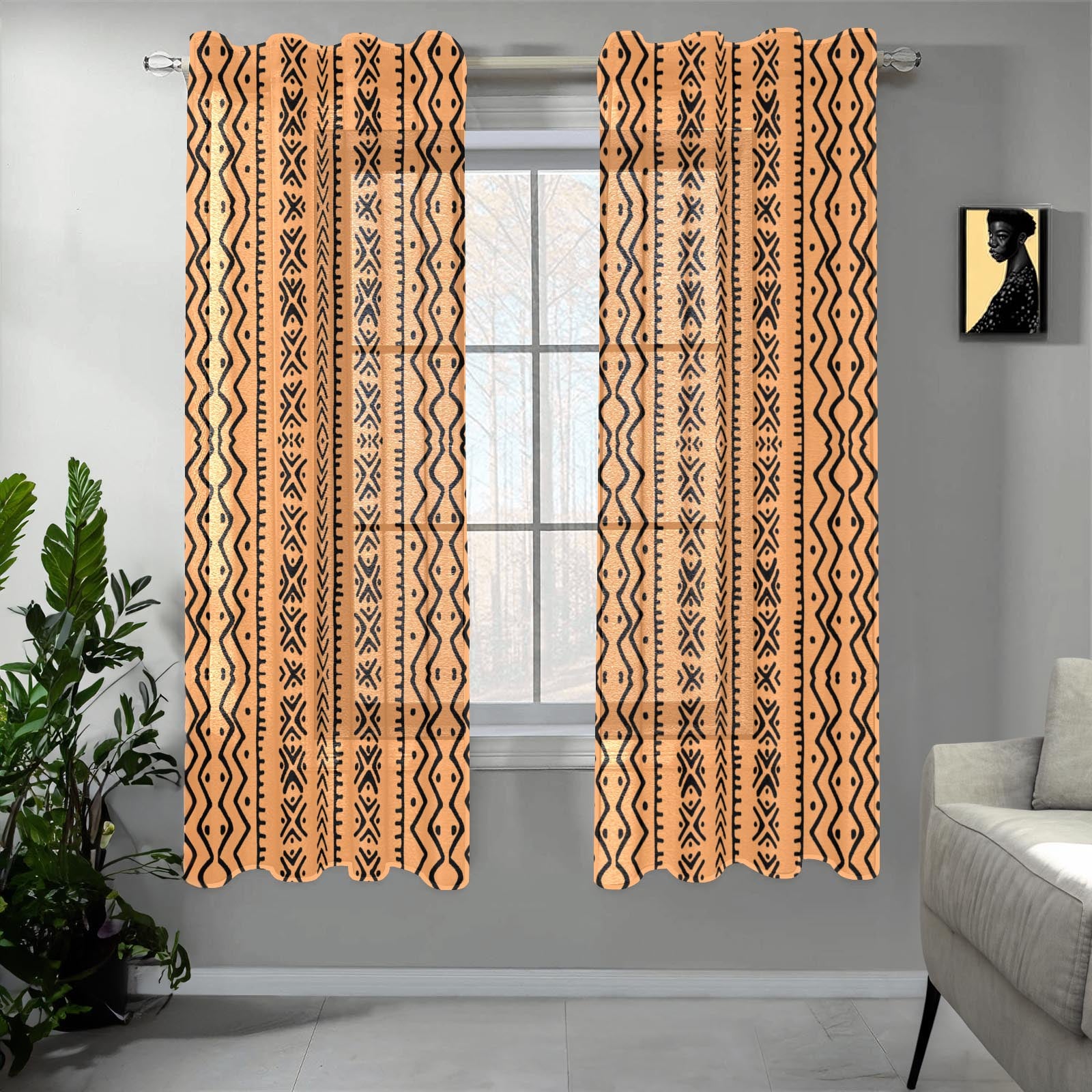African Guaze Curtain Mudcloth Print (Two Piece) - Bynelo