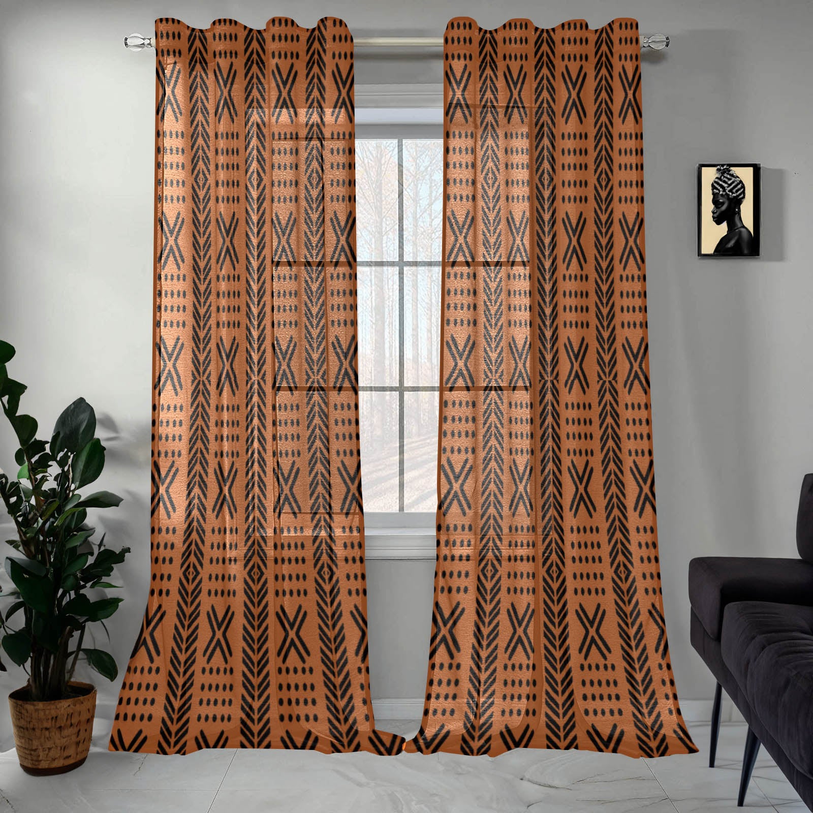 Brown African Print Guaze Curtain Mudcloth (Two Piece)- Bynelo