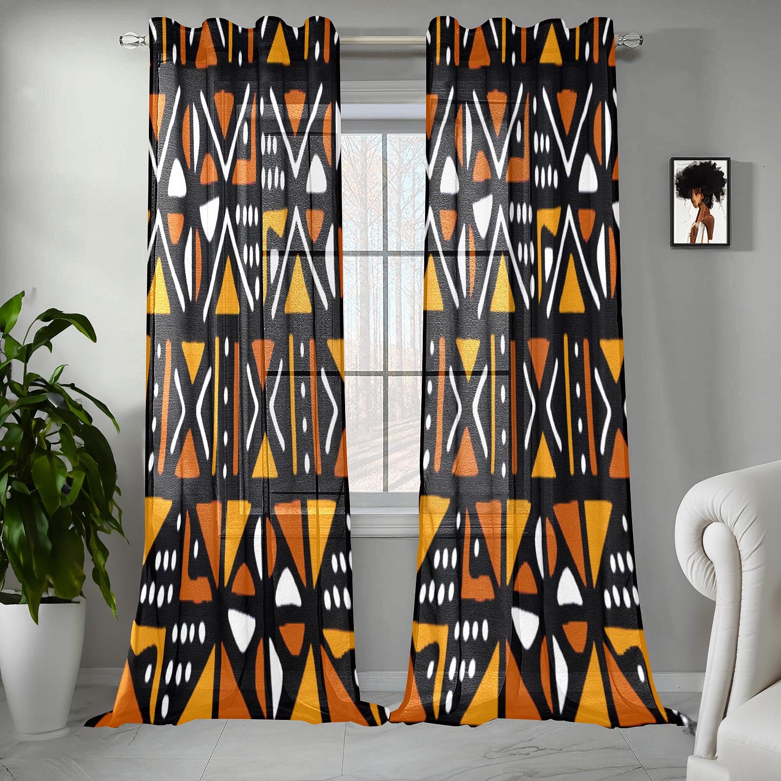 Orange African Print Guaze Curtain Mudcloth (Two Piece)- Bynelo