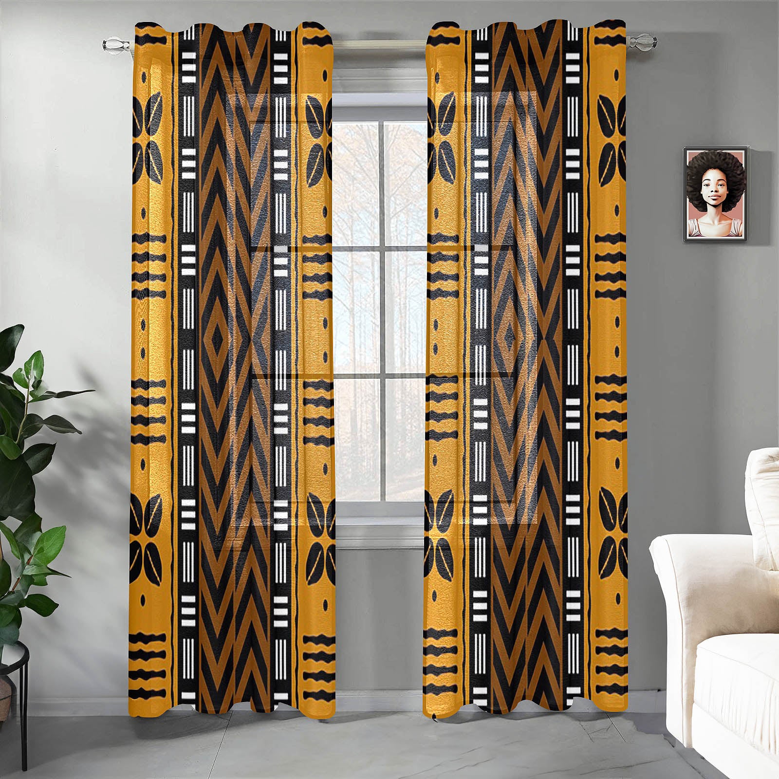 Cowrie African Guaze Curtain Mudcloth Print (Two Piece)- Bynelo