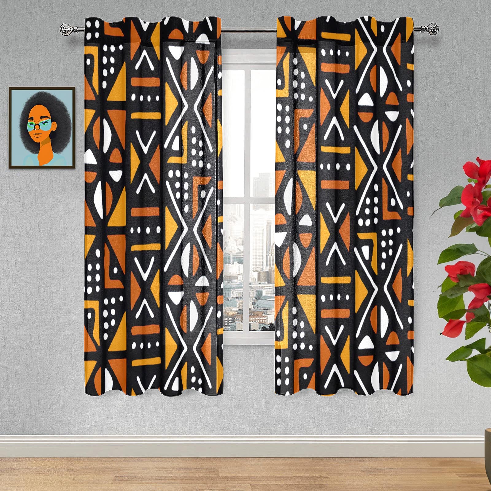 Orange African Print Guaze Curtain Mudcloth (Two Piece)- Bynelo