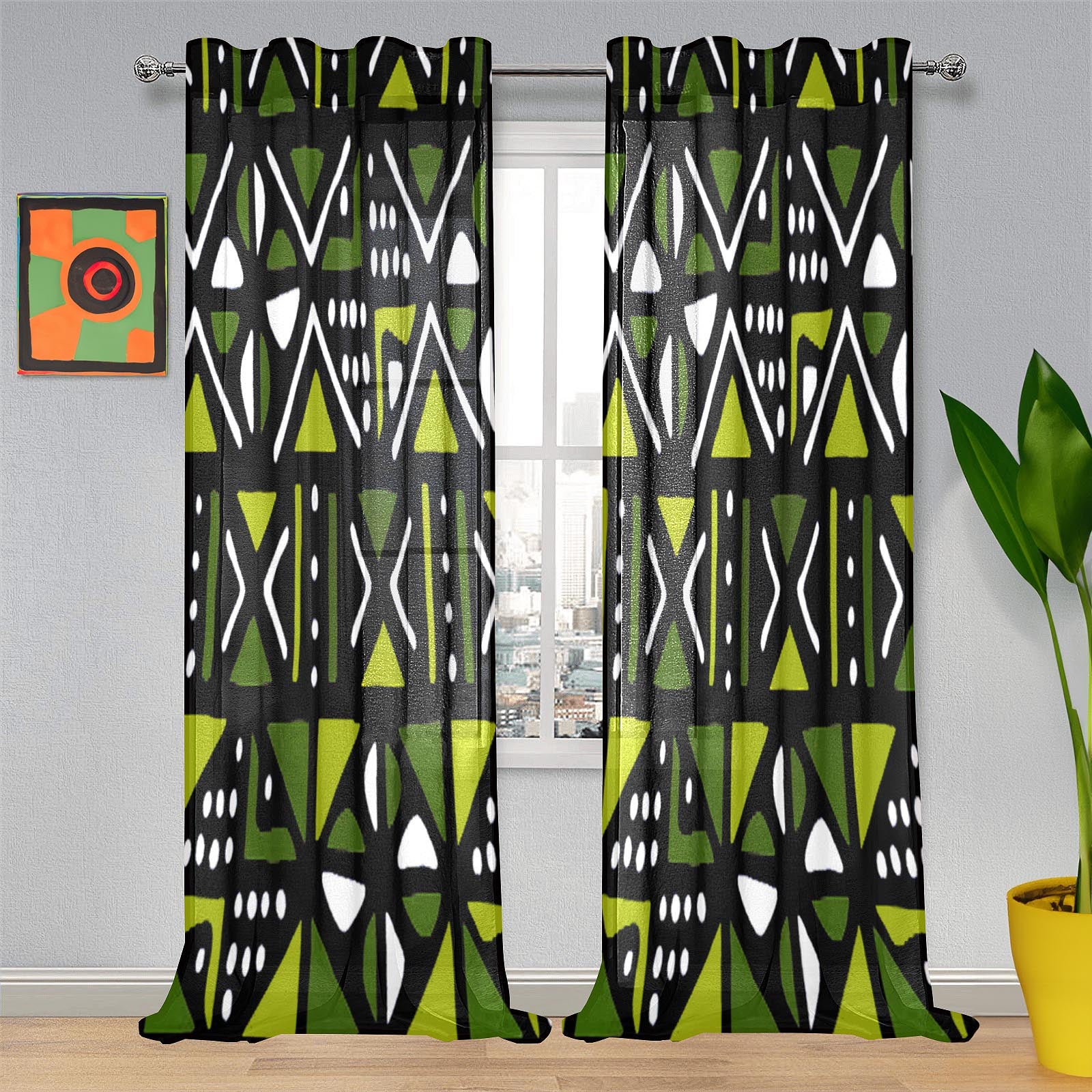Green African Print Guaze Curtain Mudcloth (Two Piece)- Bynelo