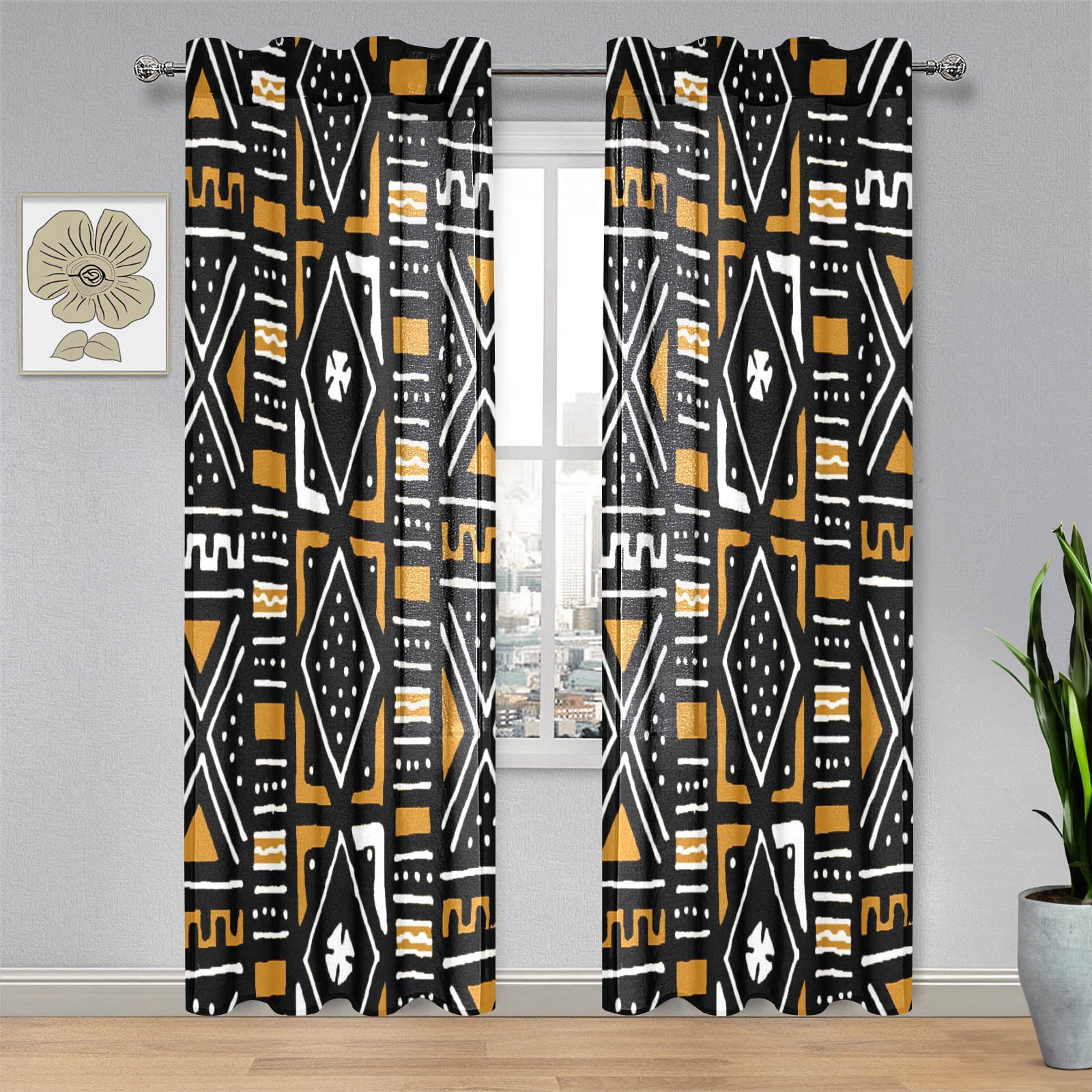 Black African Print Gauze Curtain Mudcloth (Two Piece)