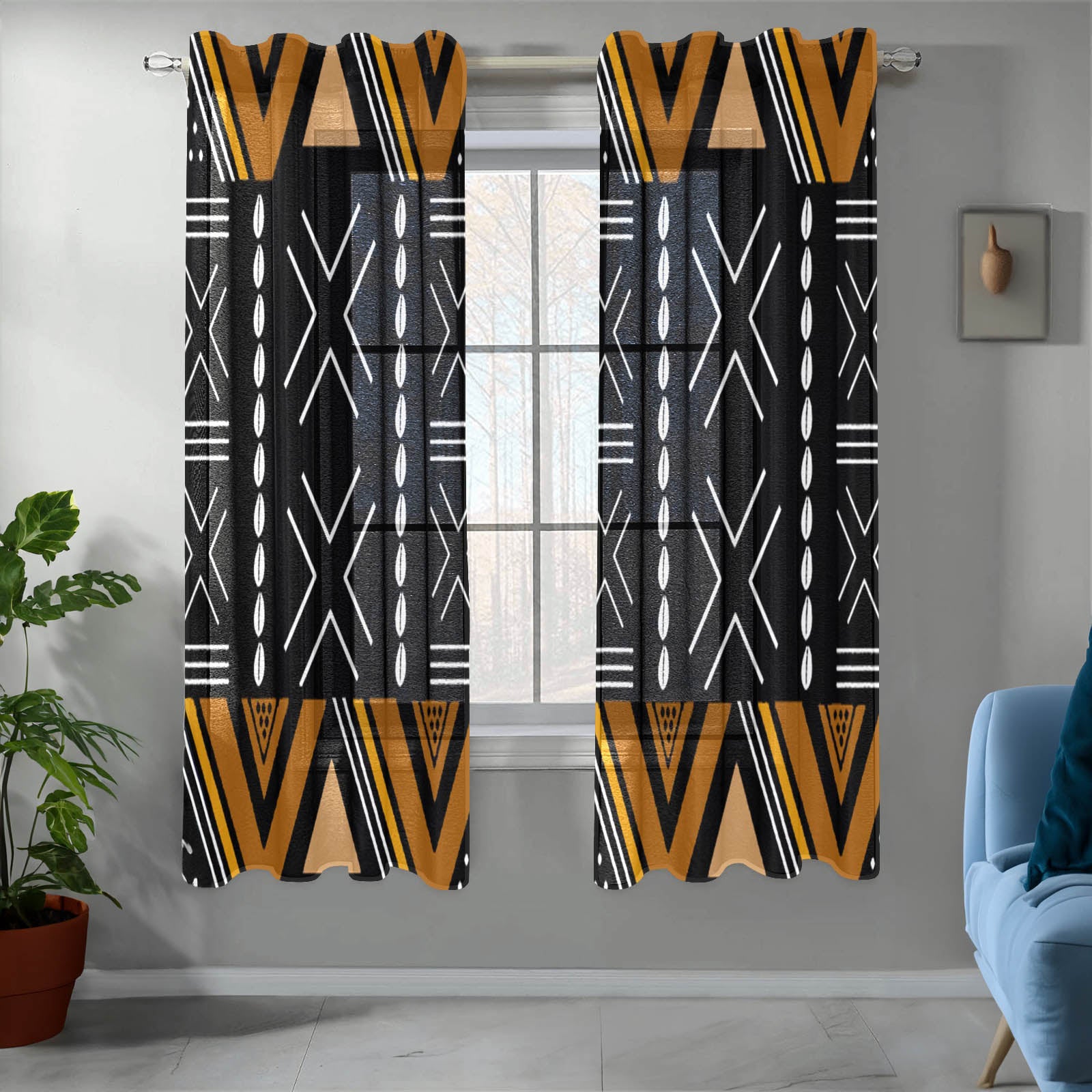 Gold & Black African Gauze Curtain Tribal Print (Two Piece)