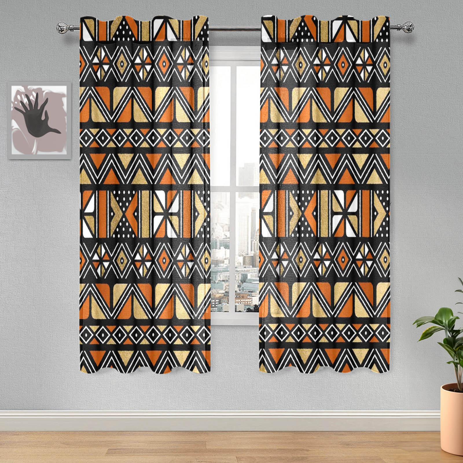 African Mudcloth Print Gauze Curtain (Two-Piece) - Bynelo