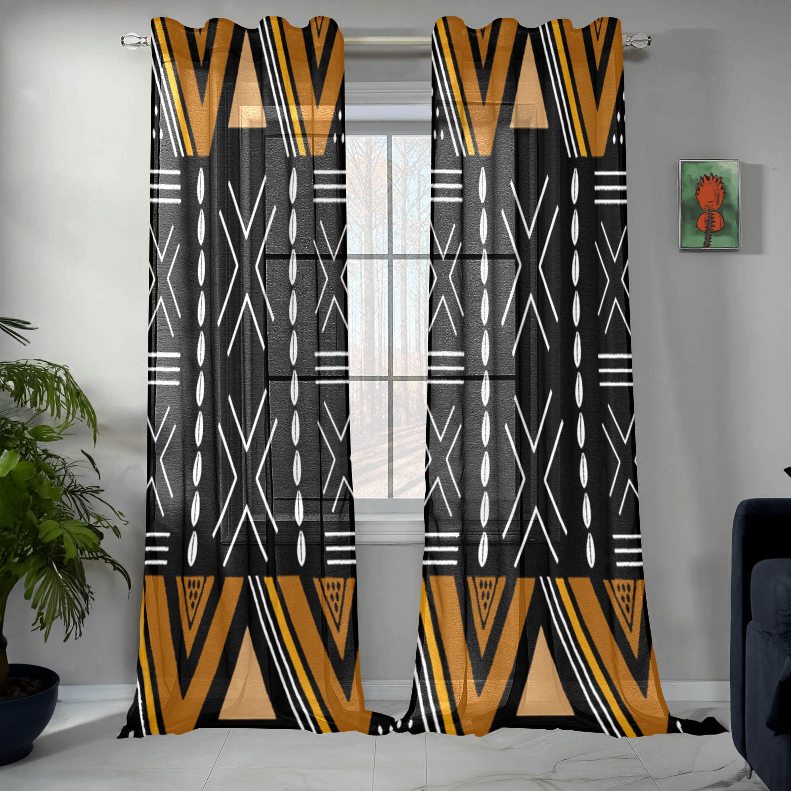 Gold & Black African Gauze Curtain Tribal Print (Two Piece)