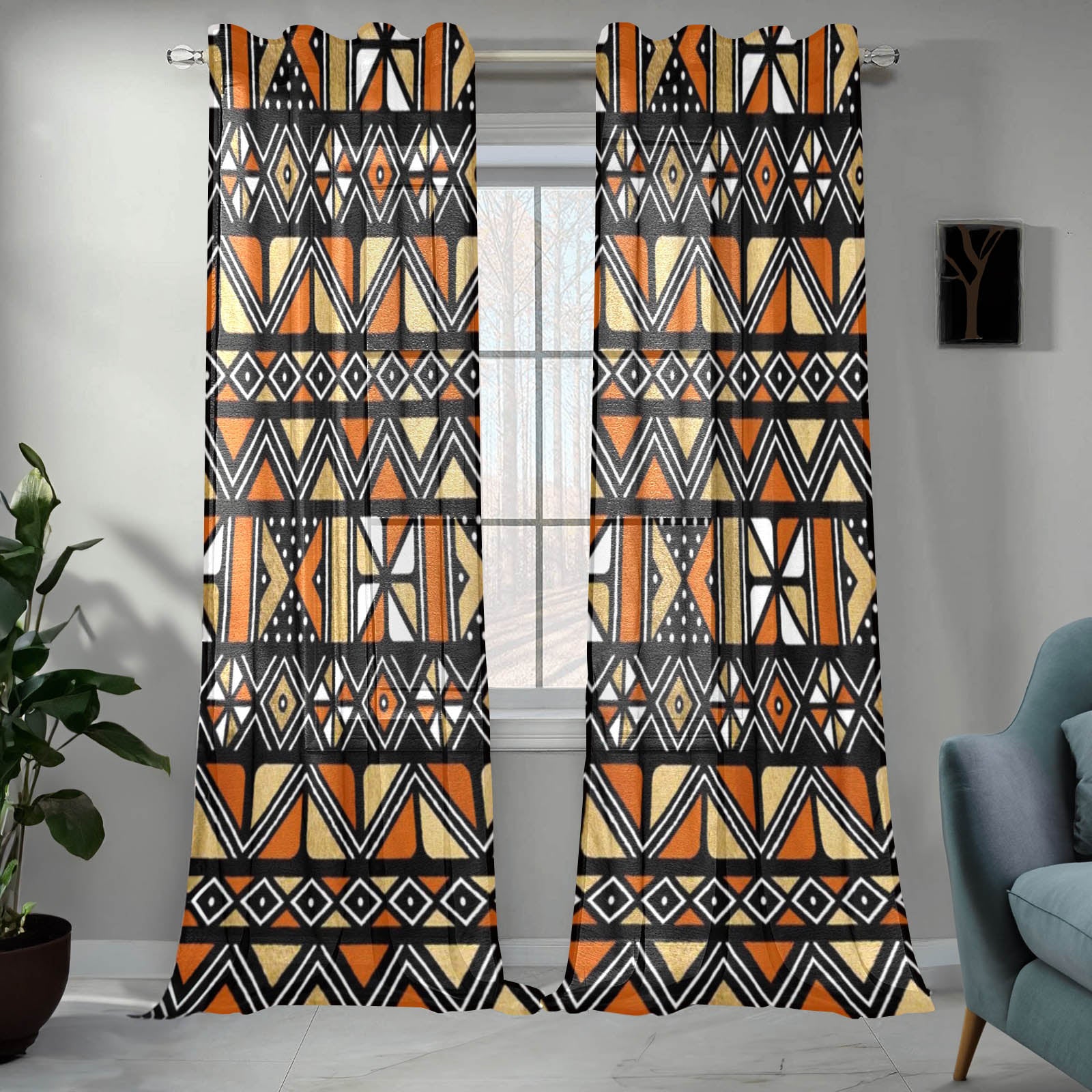 African Mudcloth Print Guaze Curtain (Two-Piece) - Bynelo