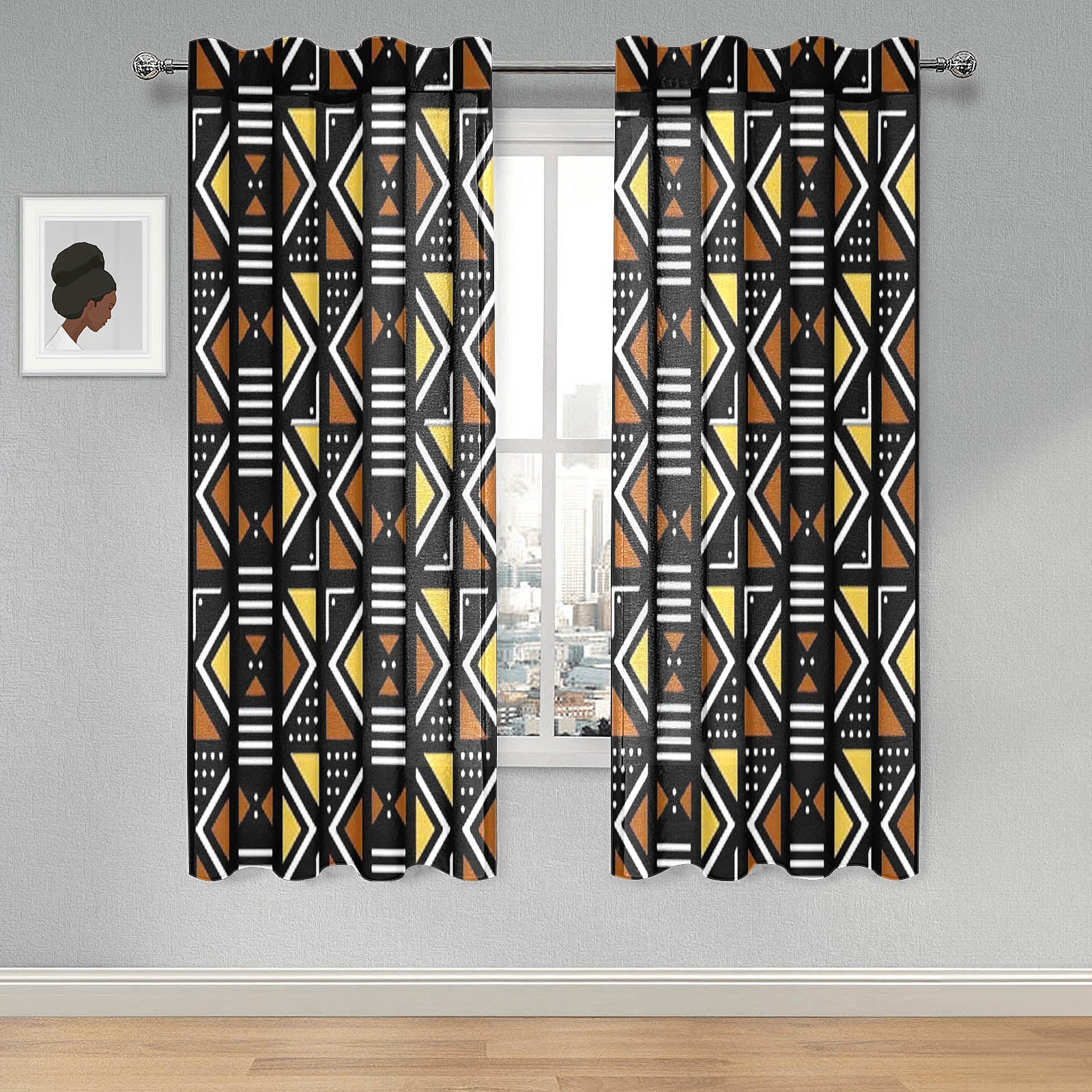 Box Design African Gauze Curtain Mudcloth Print (Two Piece)
