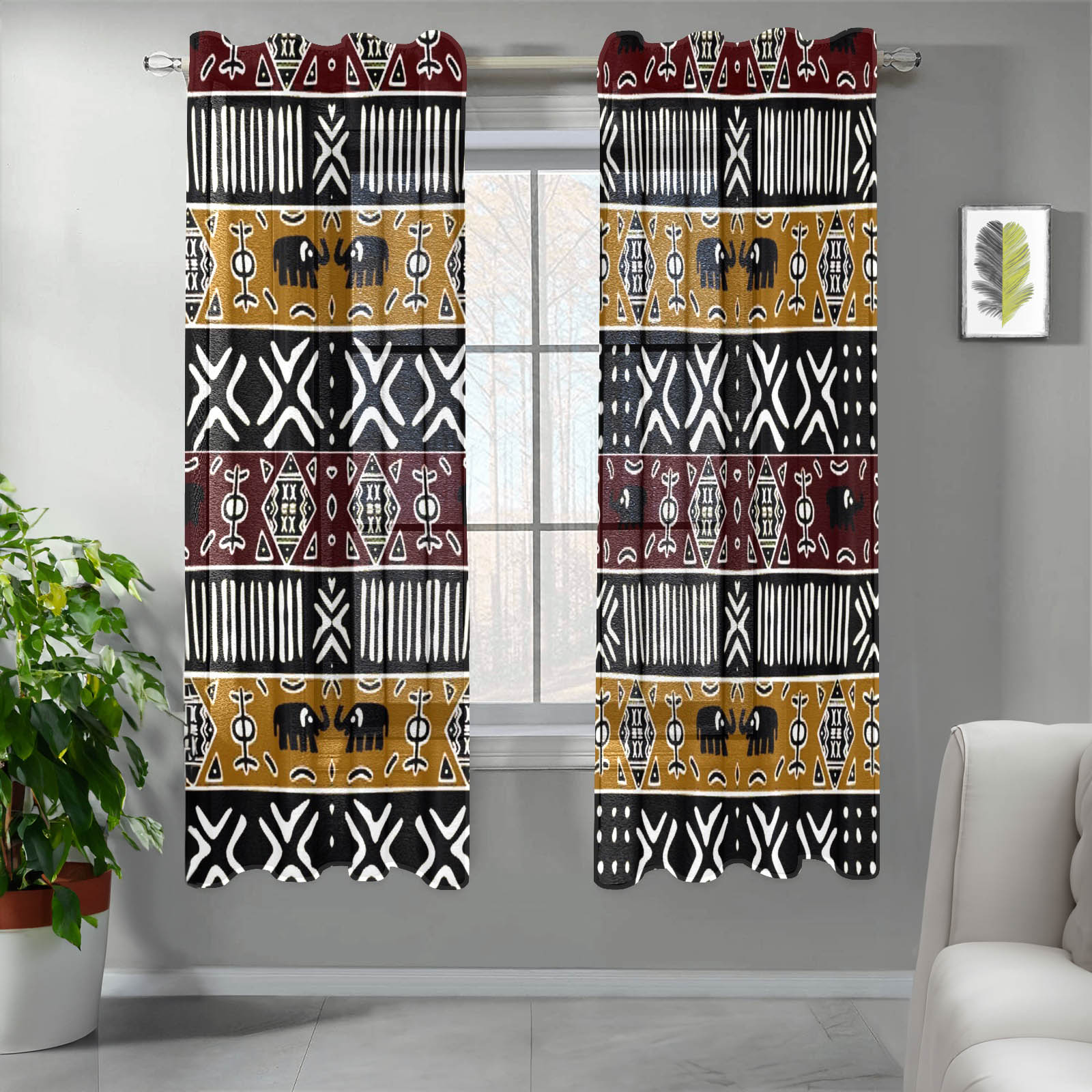 African Tribal Gauze Curtain Mudcloth Print (Two Piece)