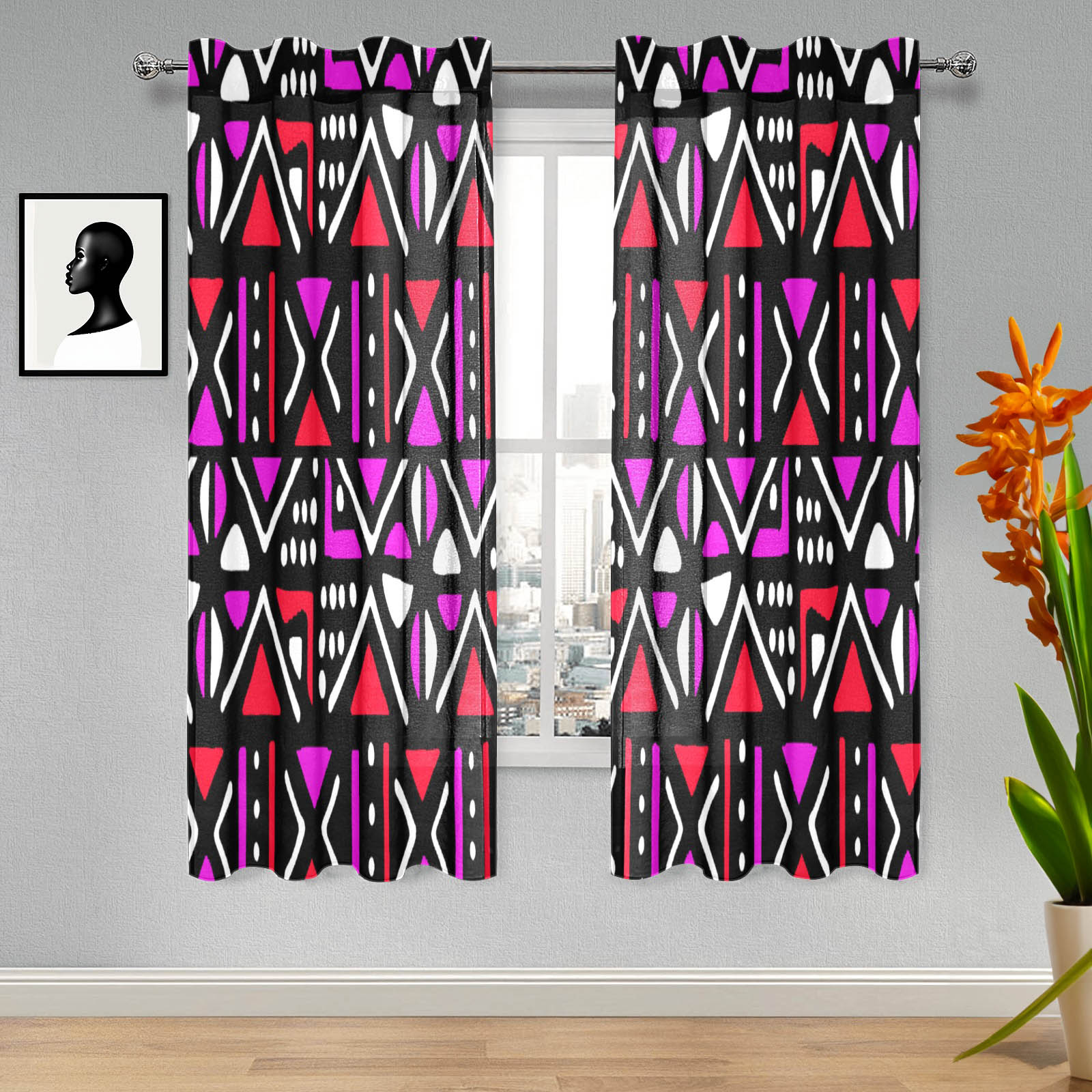 Pink African Print Guaze Curtain Mudcloth (Two Piece)- Bynelo