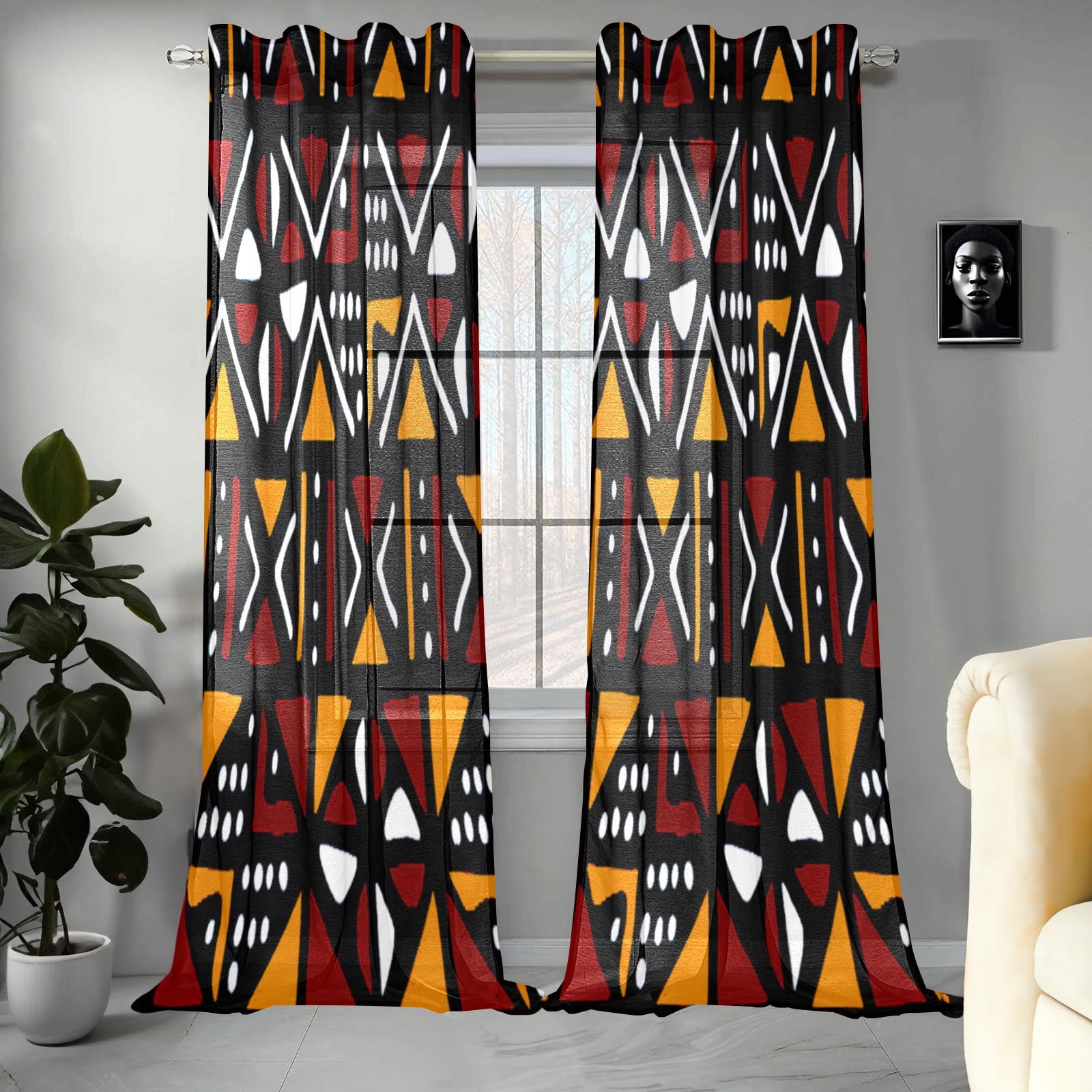 Burgundy African Gauze Curtain Mudcloth Print (Two Piece)