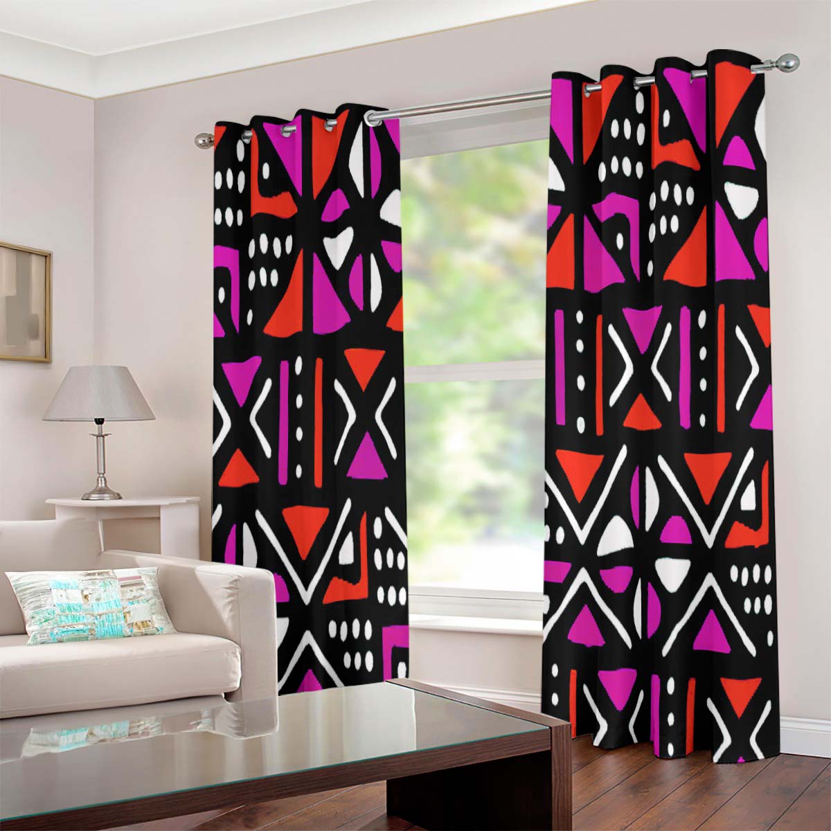 Tribal Curtains in Pink African Grommet Mudcloth Print