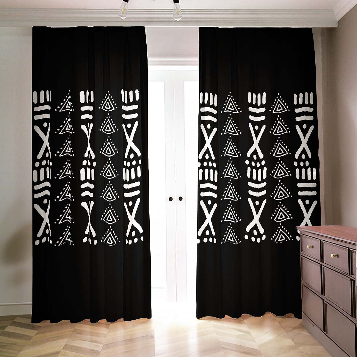 African Print Blackout Curtains - Tribal Black & White Design (2-Piece Set)