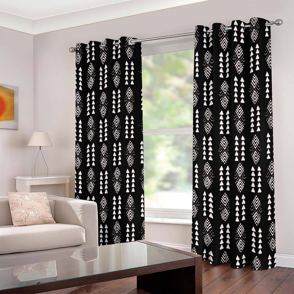 African Window Curtains Grommet Tribal Print Black and White