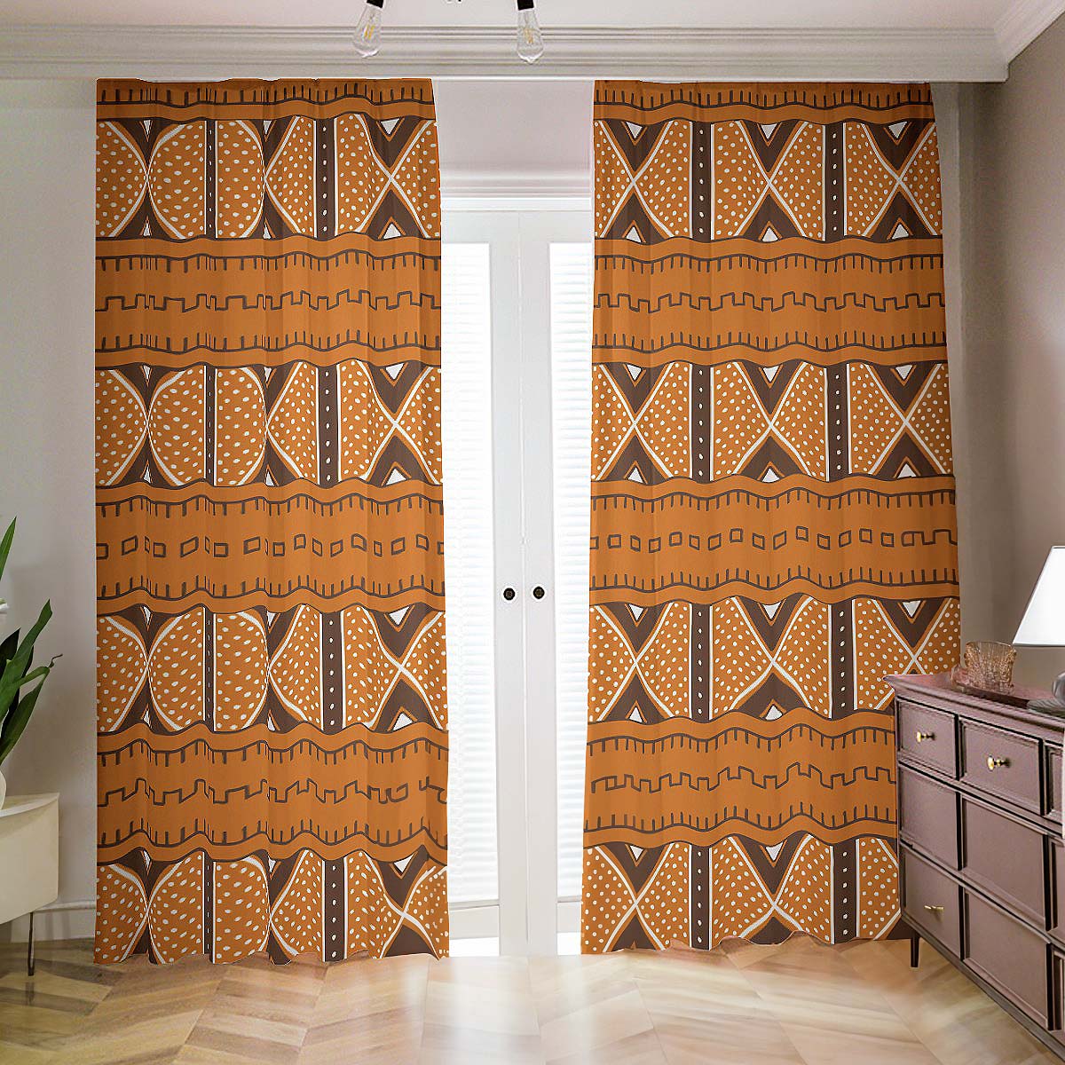 Orange White African Blackout Curtain Mudcloth Print (Two-Piece)