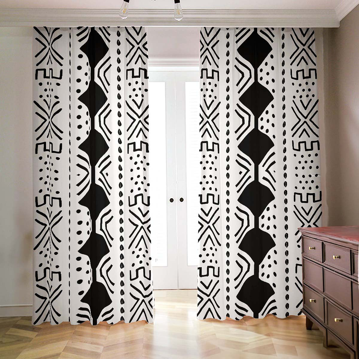 African Inspired Curtains Blackout Tribal Black & White