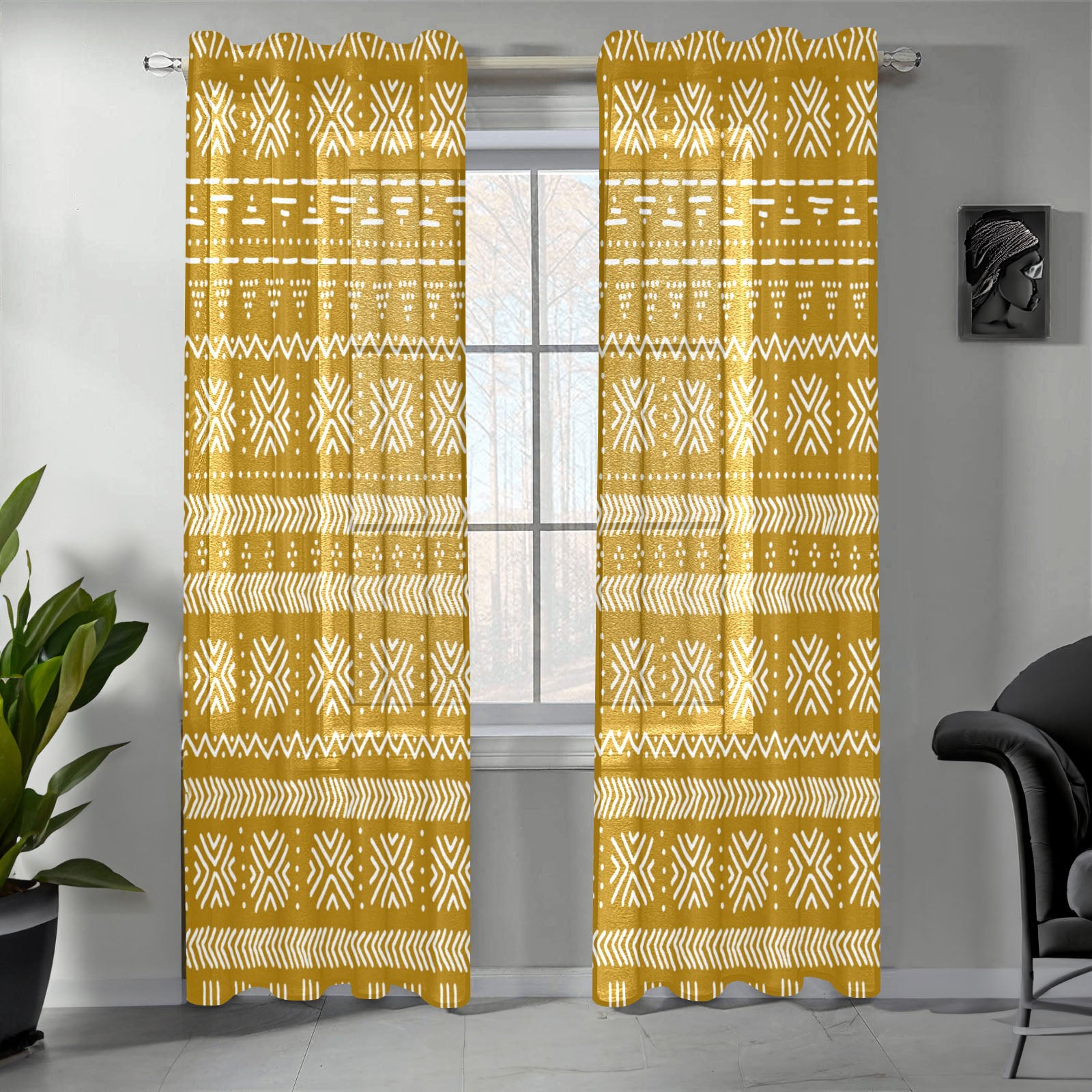 Gold African Guaze Curtain Tribal Print (Two-Piece)
