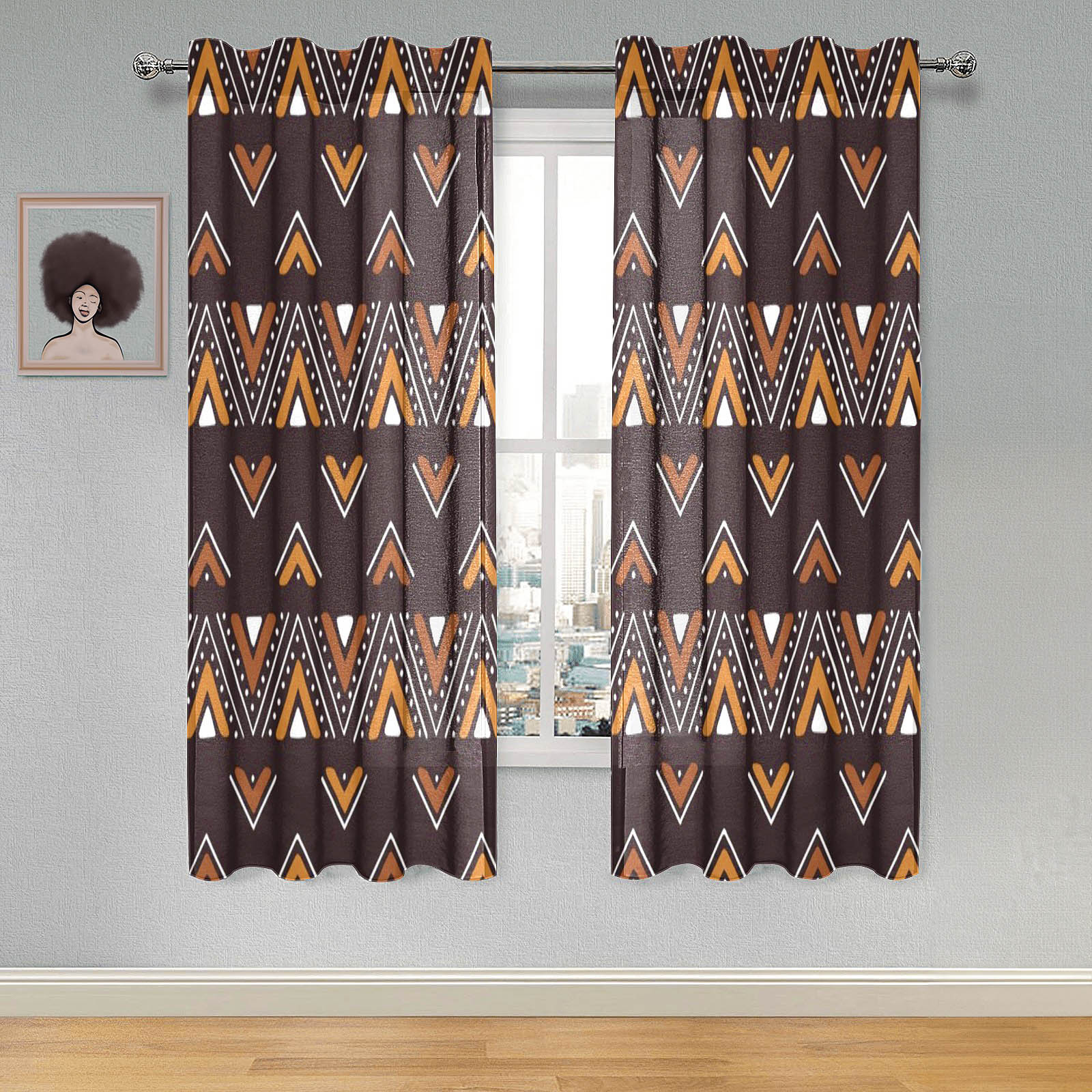 Stripe Down African Print Gauze Curtain Mudcloth (Two Piece)