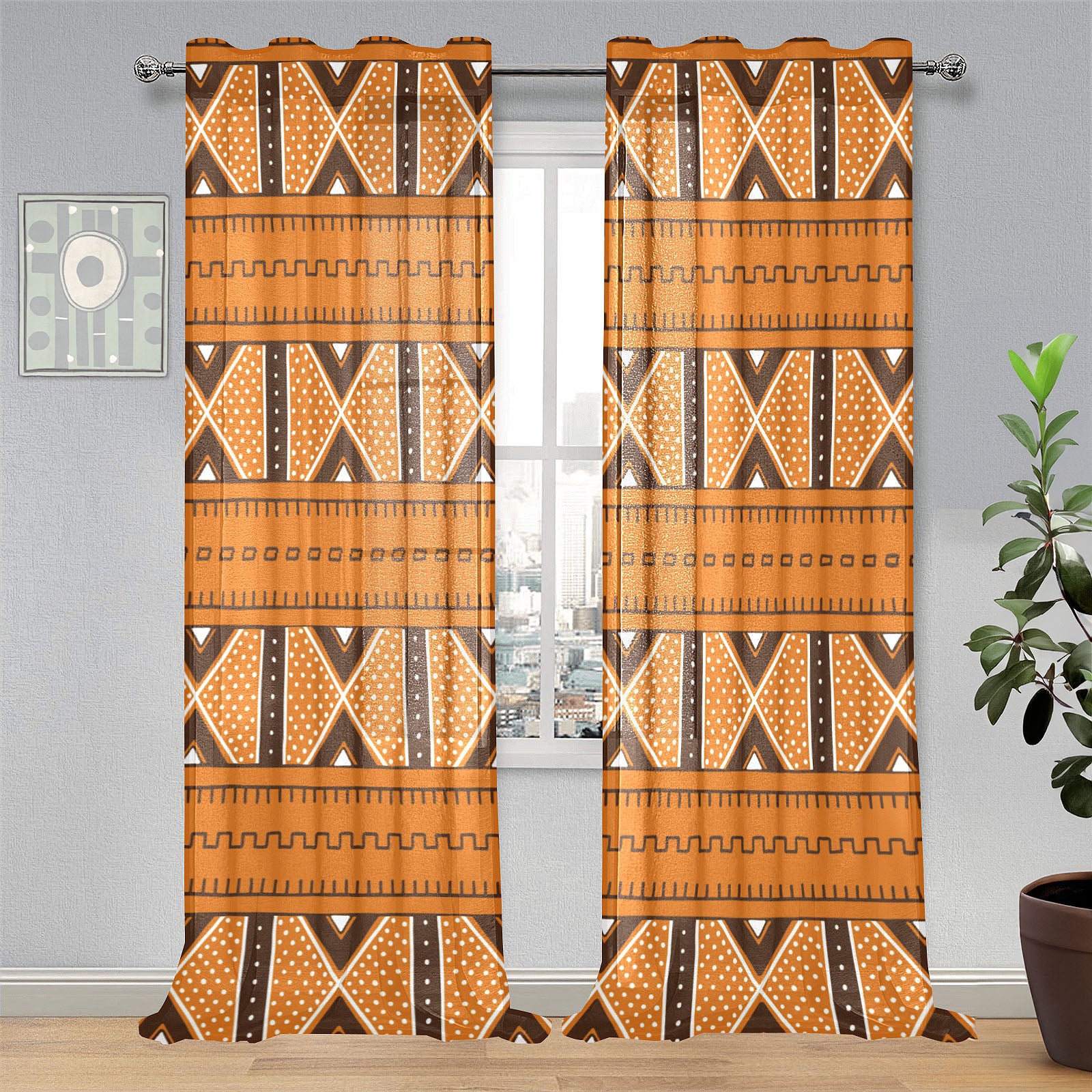Orange African Guaze Curtain Mudcloth Print (Two Piece)- Bynelo