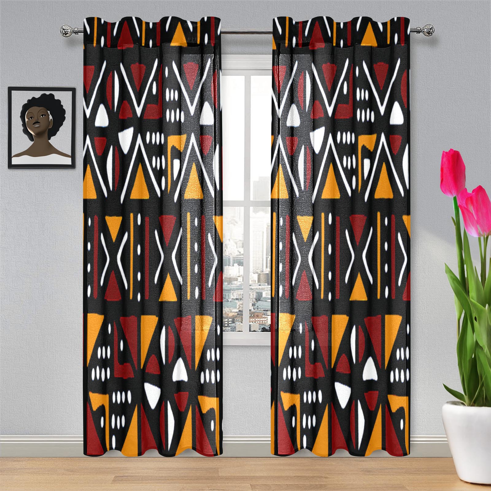 African Guaze Curtain Mudcloth Print (Two Piece) - Elegance 