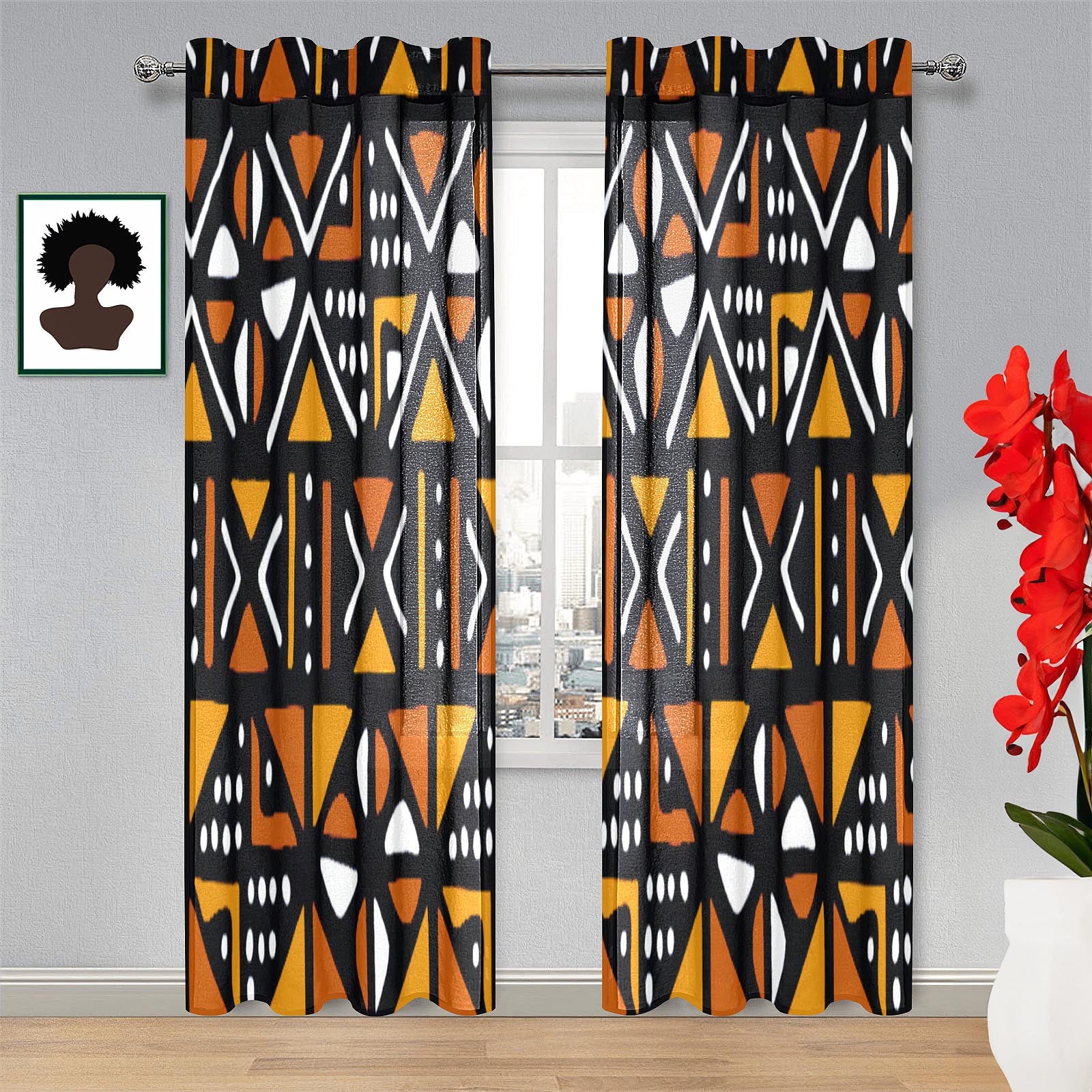 Orange African Print Gauze Curtain Mudcloth (Two Piece)