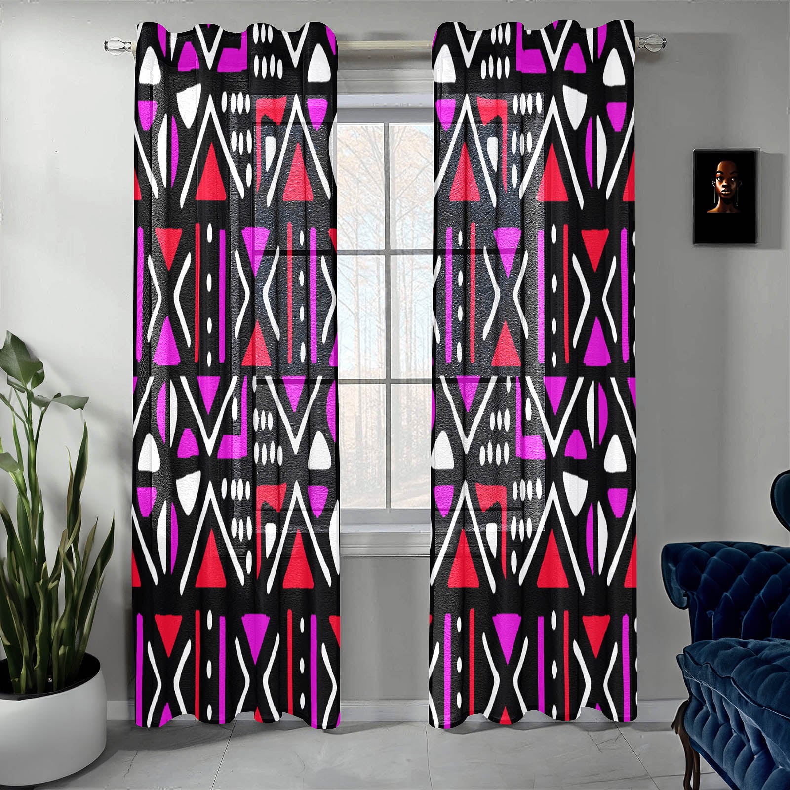 Pink African Print Guaze Curtain Mudcloth (Two Piece)- Bynelo