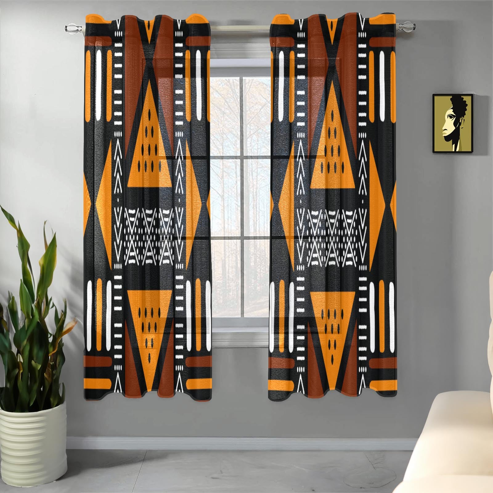 Geometric Orange African Guaze Curtain Tribal Print