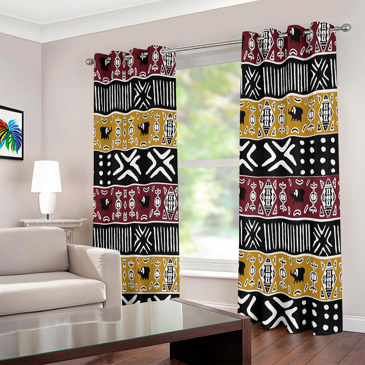 African Grommet Window Curtain Mudcloth Print (Two-Piece)