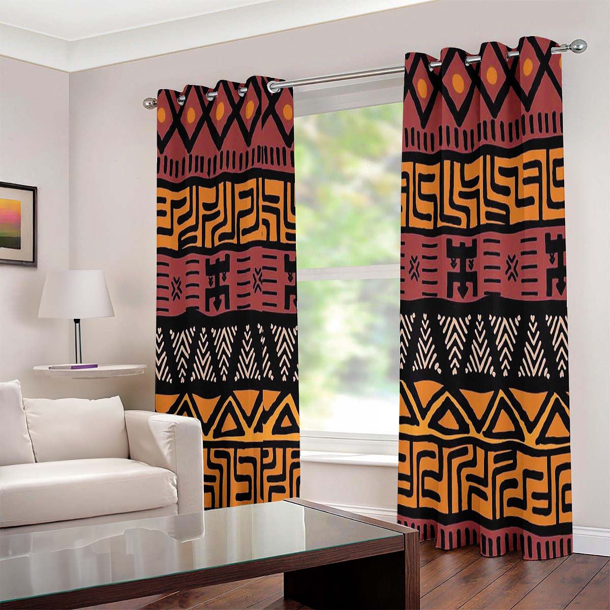 African Themed Curtains in Grommet Bogolan Print (Two-Piece)