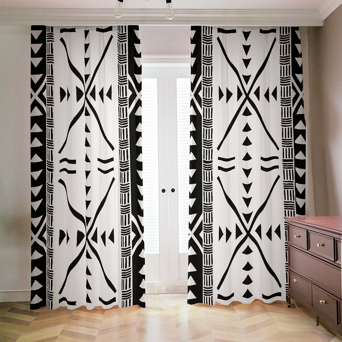 African Living Room Curtains Blackout Tribal Black & White