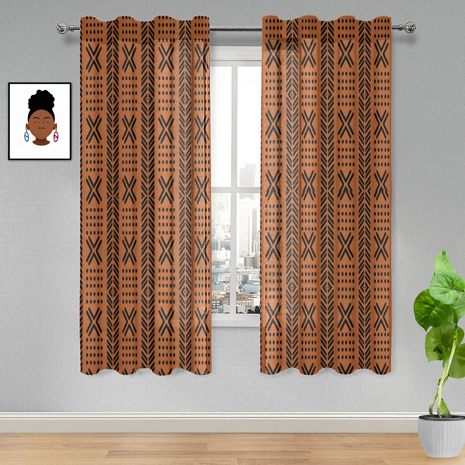 Brown African Print Guaze Curtain Mudcloth (Two Piece)- Bynelo
