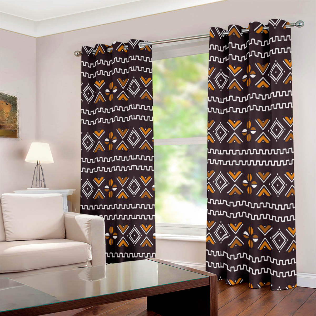 African Print Window Curtains Grommet Mudcloth Print Brown