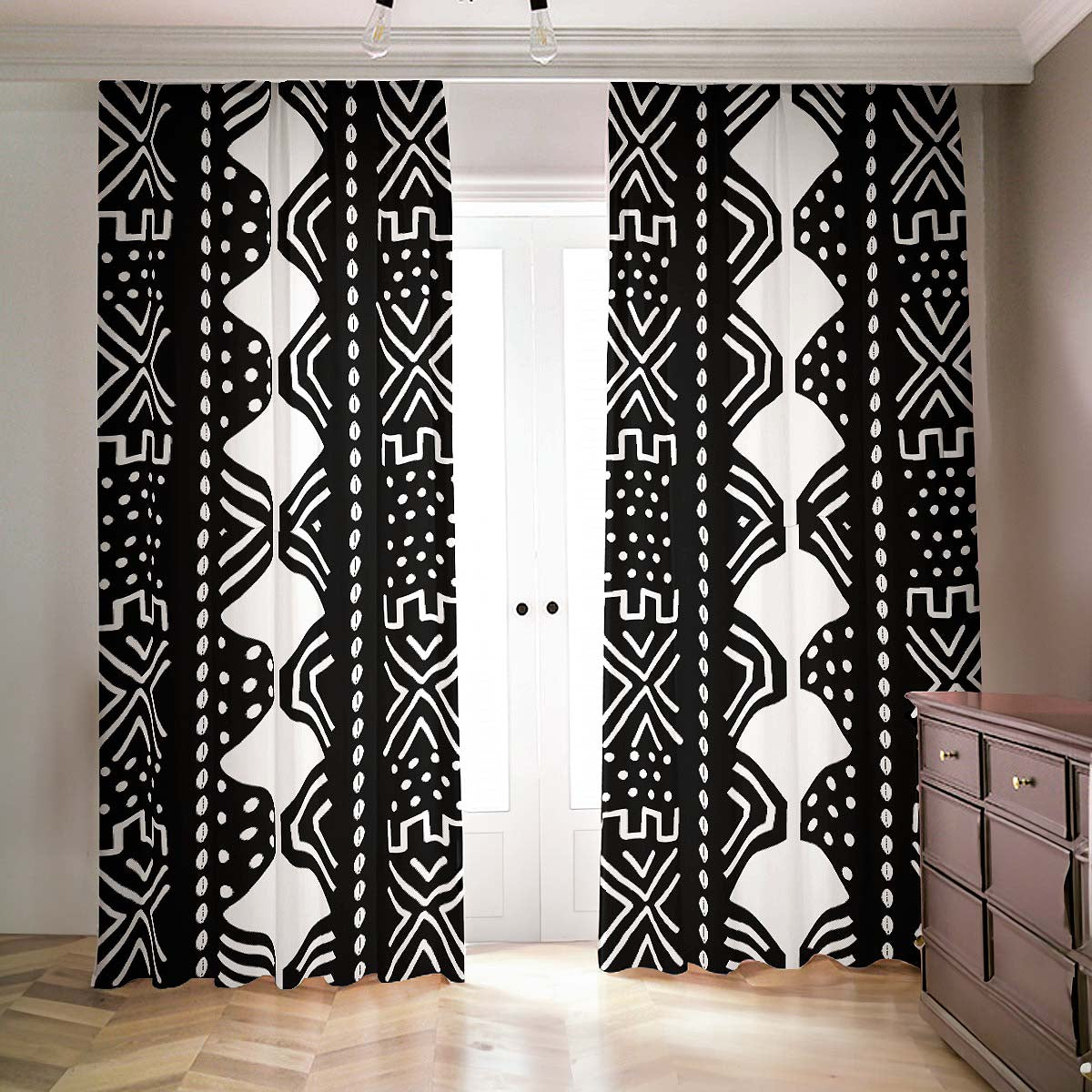 African Curtains Blackout Tribal Print Black & White