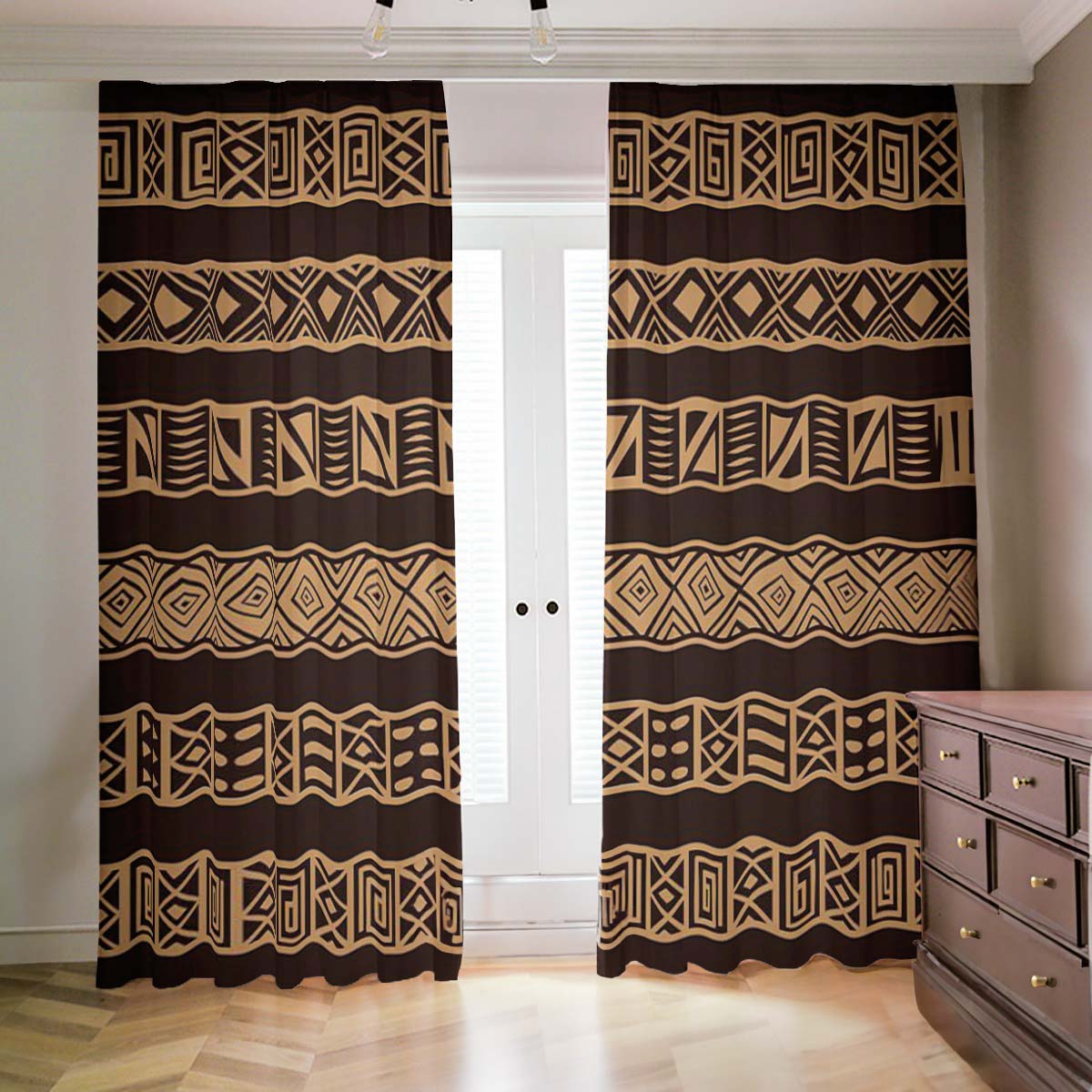 Afrocentric Curtain Blackout in Mudcloth Print Brown -Bynelo