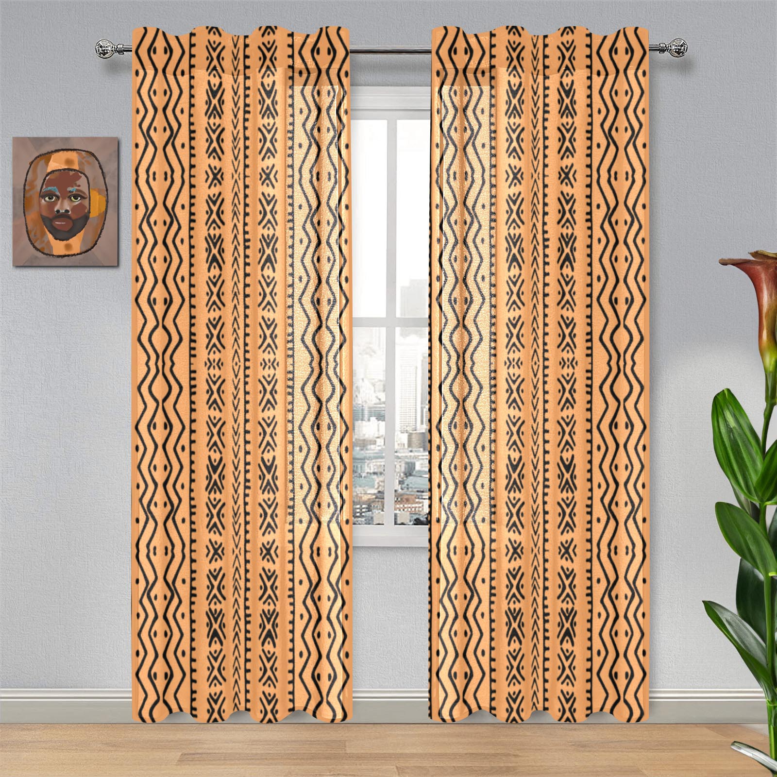 Gold African Gauze Curtain Mudcloth Print (Two Piece)