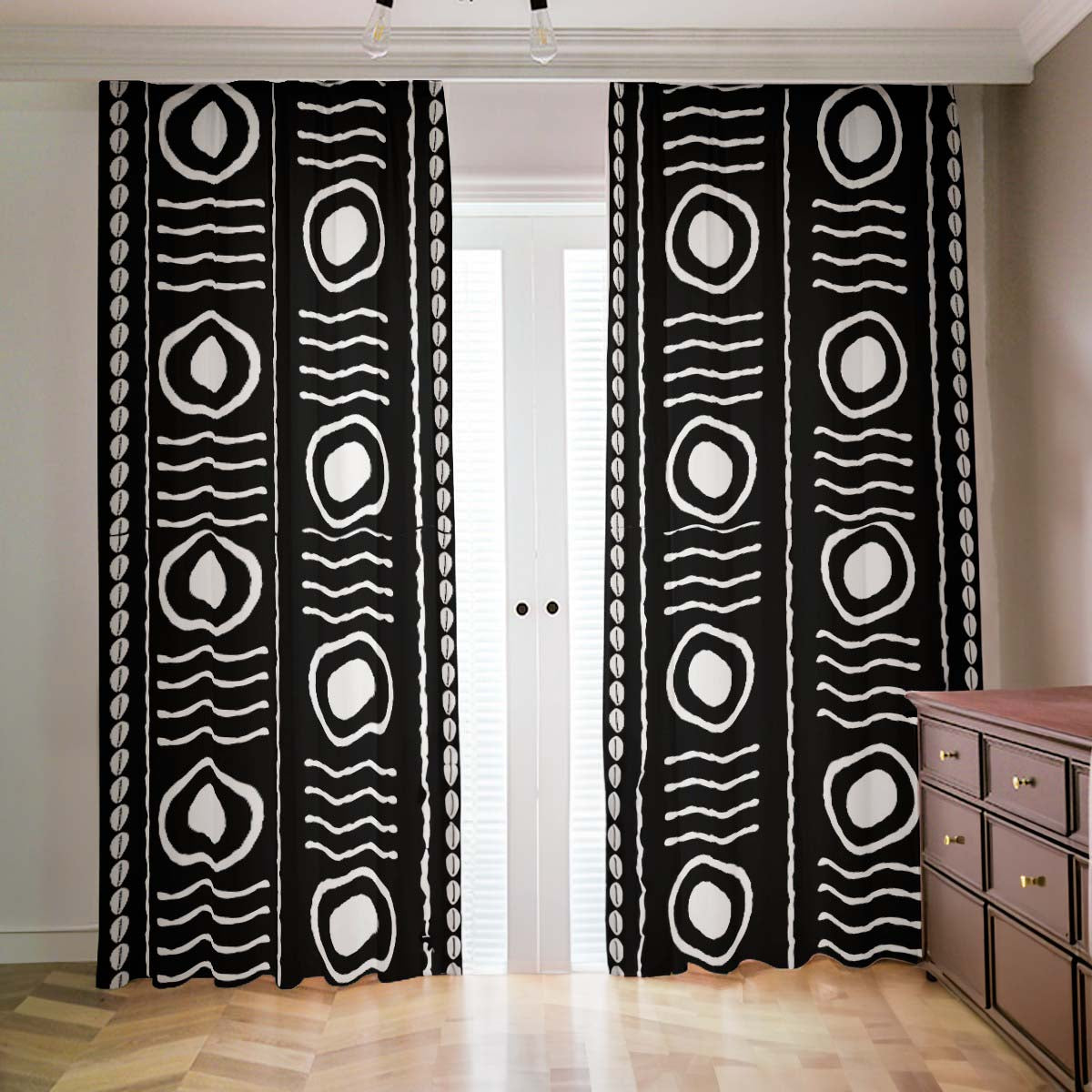 Afrocentric Blackout Curtains Cowrie Print Black & White