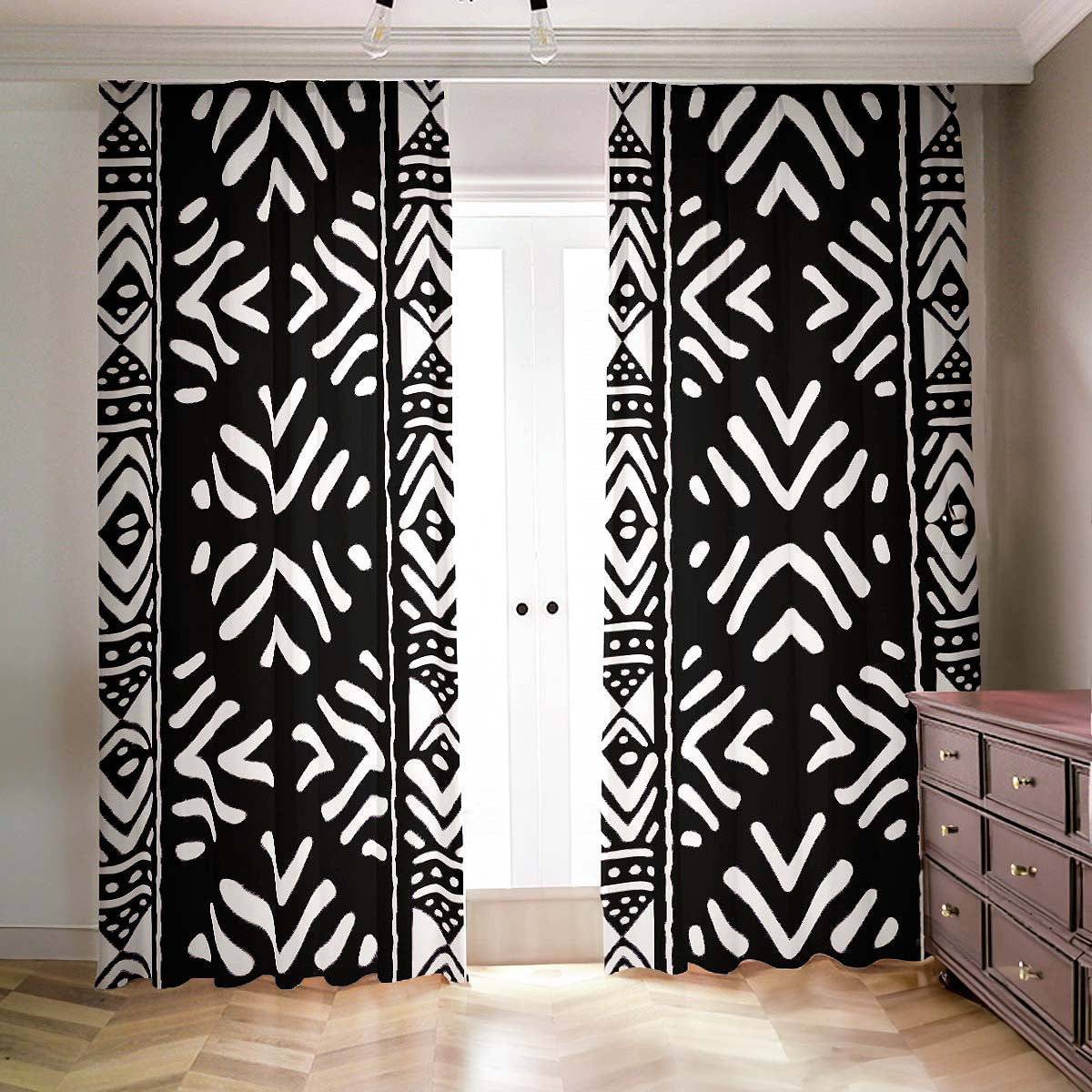 African Style Blackout Curtains - Tribal Black & White Print