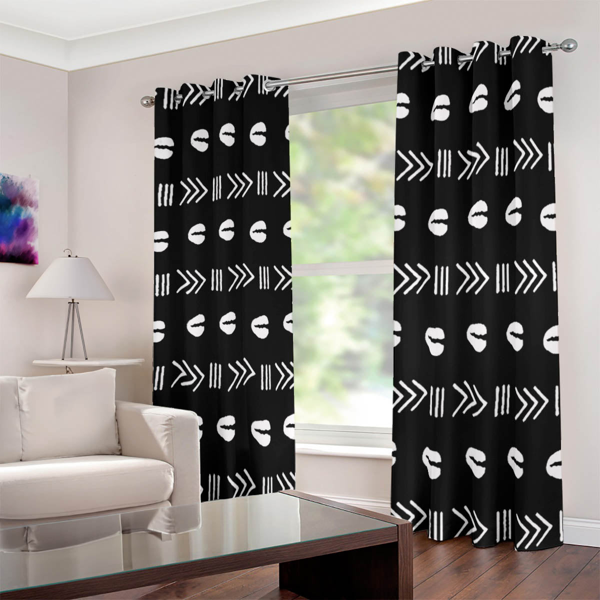 African Bedroom Window Curtain Grommet Cowrie Black White