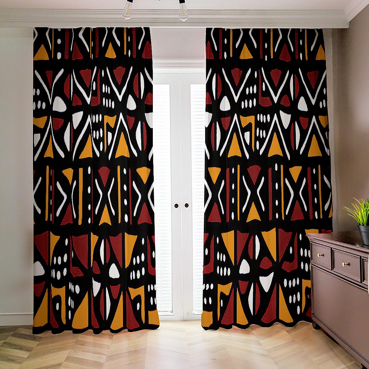 Deep Red African Blackout Curtain Mudcloth (Two-Piece)