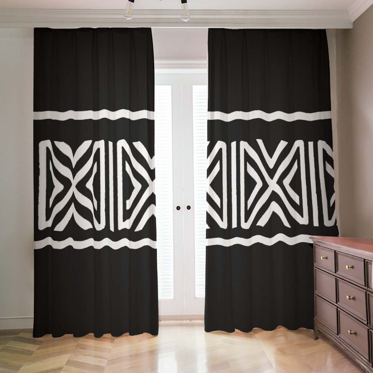 African Print Curtains Blackout Tribal Black & White -Bynelo