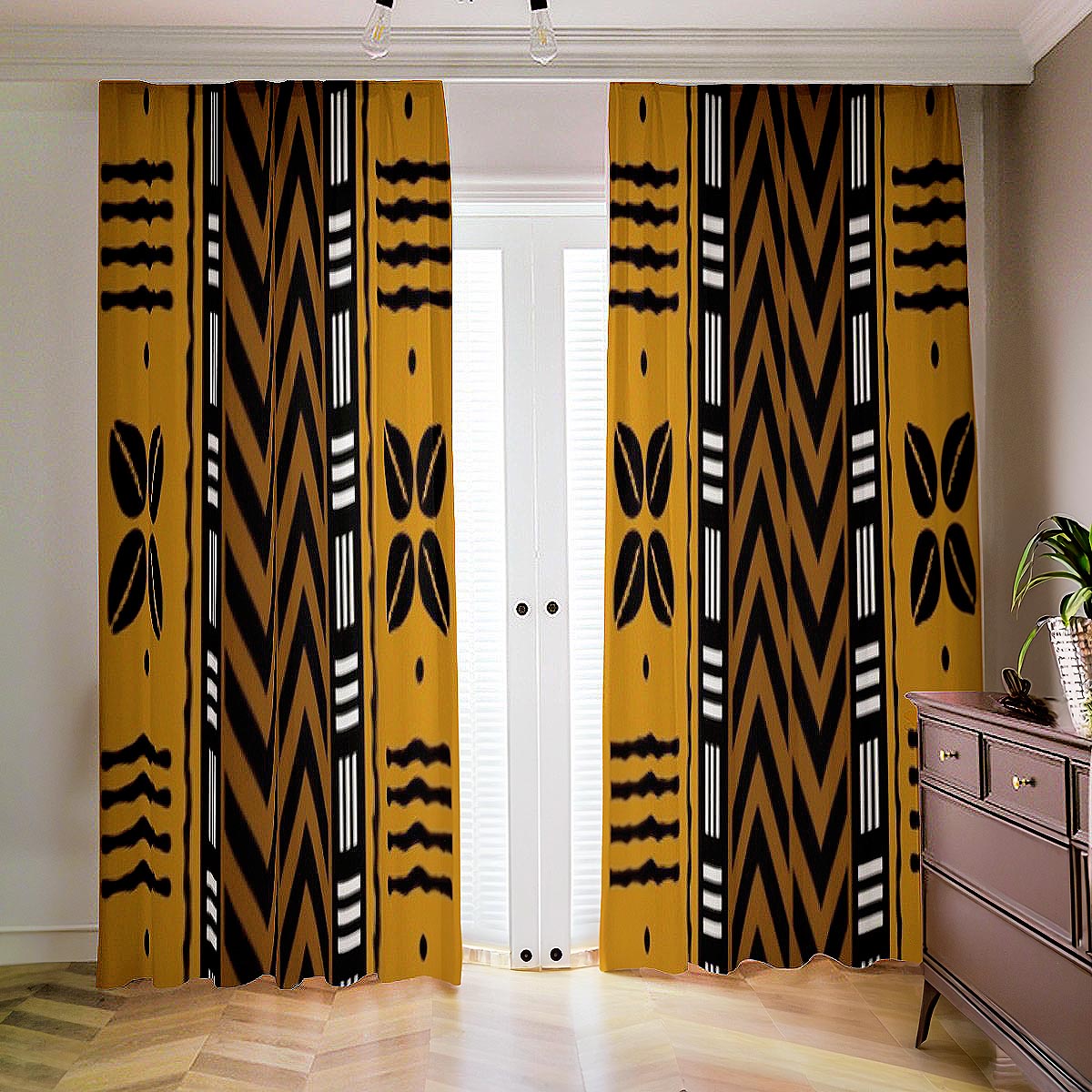 Yellow Cowrie Blackout Curtain in African Mudcloth Print