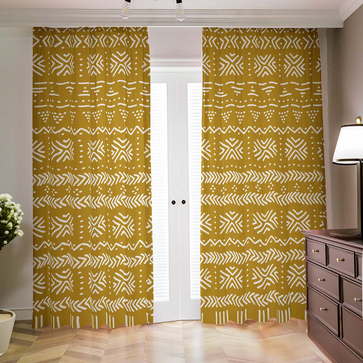 Gold White African Blackout Curtain Mudcloth Print (2-Piece)