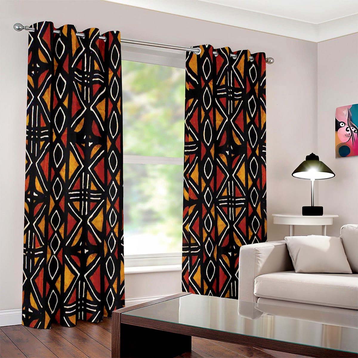 African Print Curtains Blackout in Mud Cloth Grommet Pattern