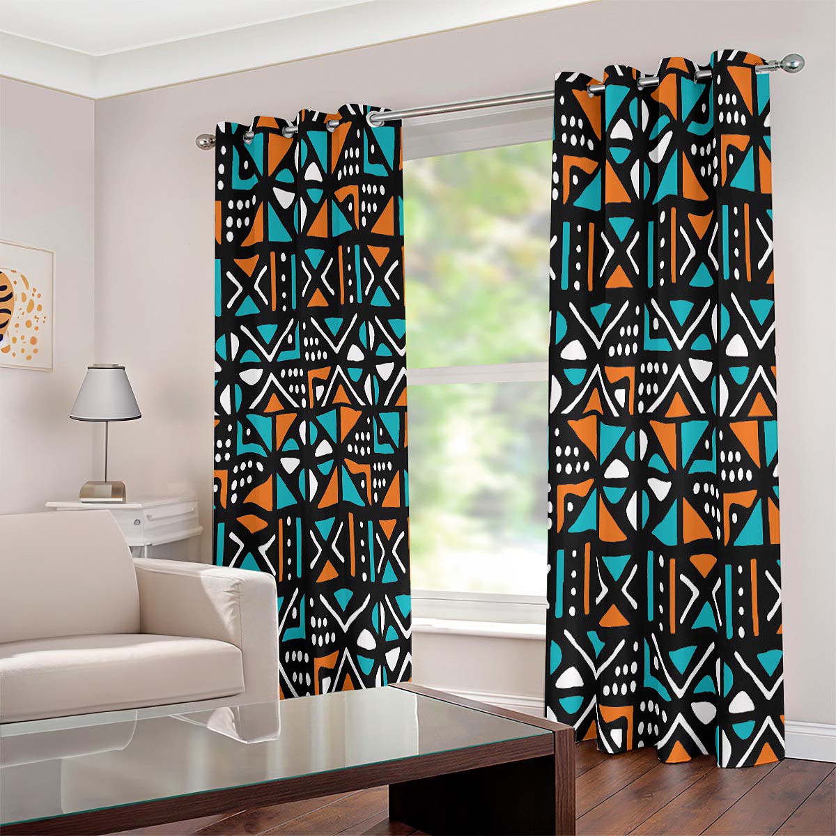 African Mudcloth Print Grommet Window Curtain - 2-Piece