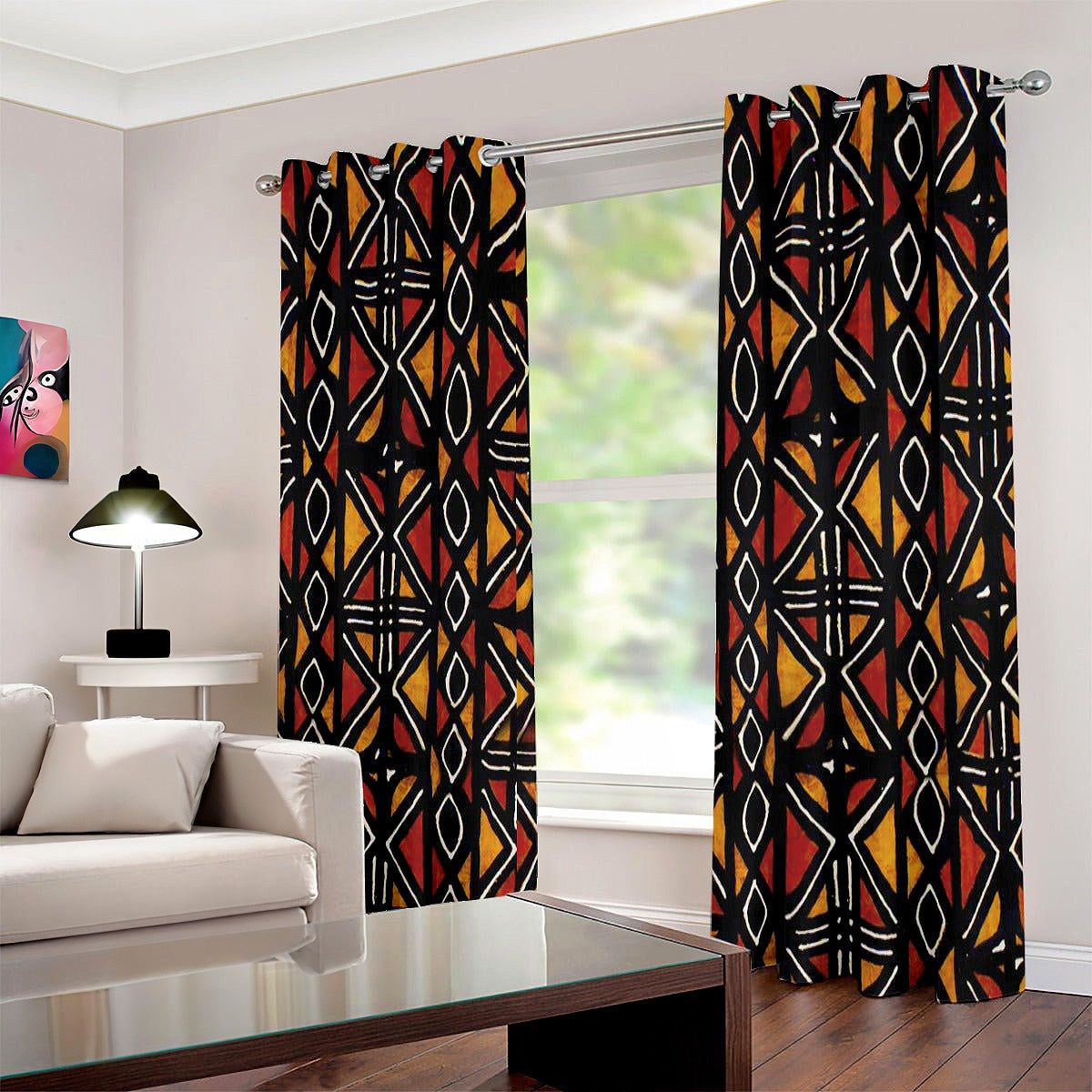 African Print Mudcloth Curtain - Grommet Style, 2-Piece