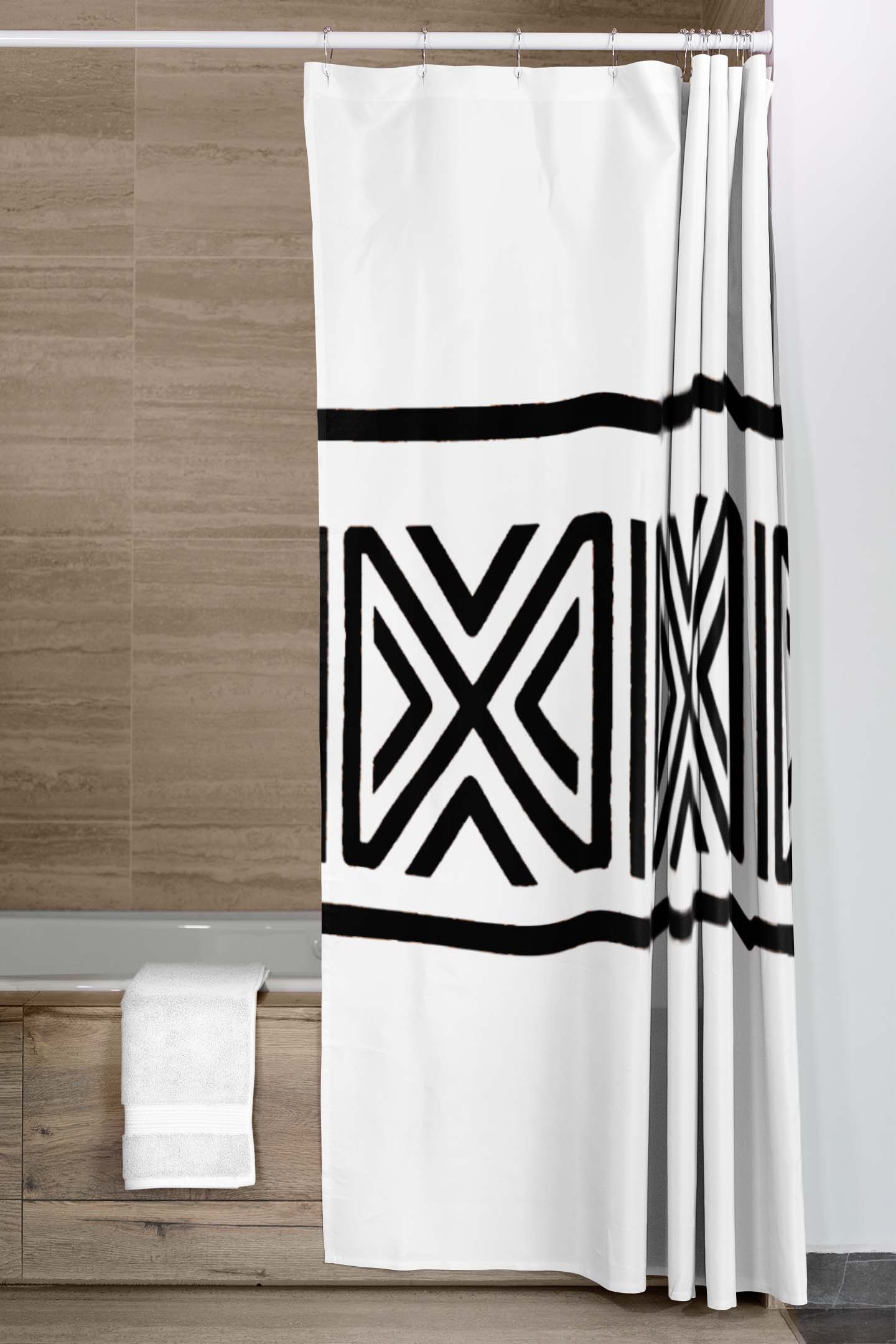 African Shower Bathroom Curtain White & Black Tribal Print