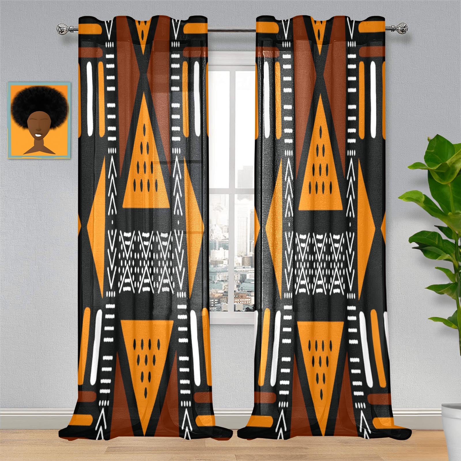 Geometric Orange African Guaze Curtain Tribal Print